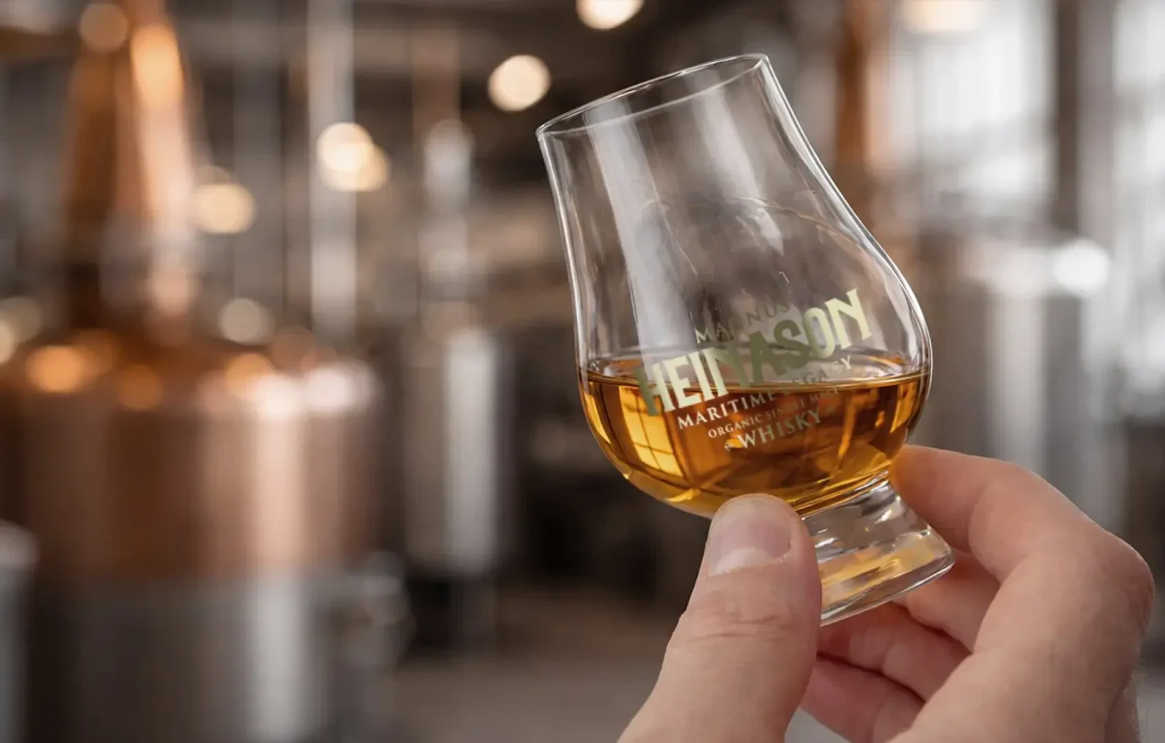 Eine Hand hält ein Glas bernsteinfarbenen Whisky mit der Aufschrift GLENNASON vor dem unscharfen Hintergrund kupferner Brennblasen in einer Destillerie.