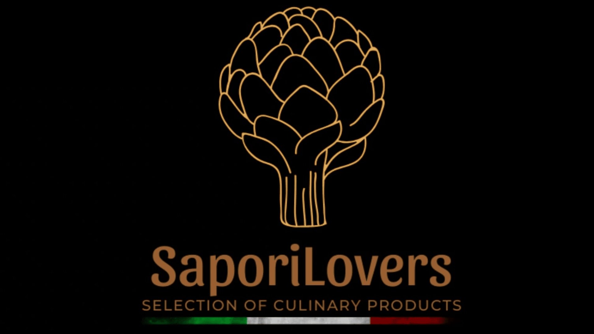Ein goldener Artischockenumriss über den Worten SaporiLovers SELECTION OF CULINARY PRODUCTS mit einer kleinen italienischen Flagge darunter, alles vor einem schwarzen Hintergrund.