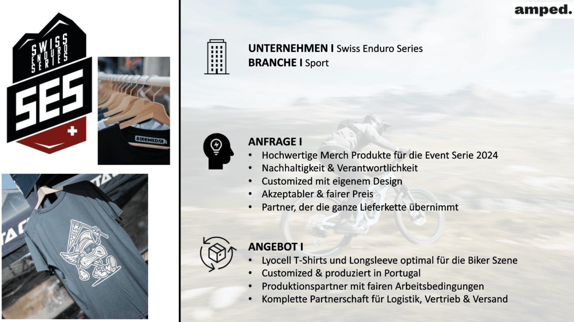 Eine Präsentationsfolie für die Swiss Enduro Series zeigt ihr Logo, eine Nahaufnahme eines maßgeschneiderten T-Shirts und einen Mountainbiker. Der Text hebt eine Anfrage für nachhaltige, individuelle Veranstaltungsartikel und ein Angebot für in Portugal hergestellte Lyocell-Shirts hervor.