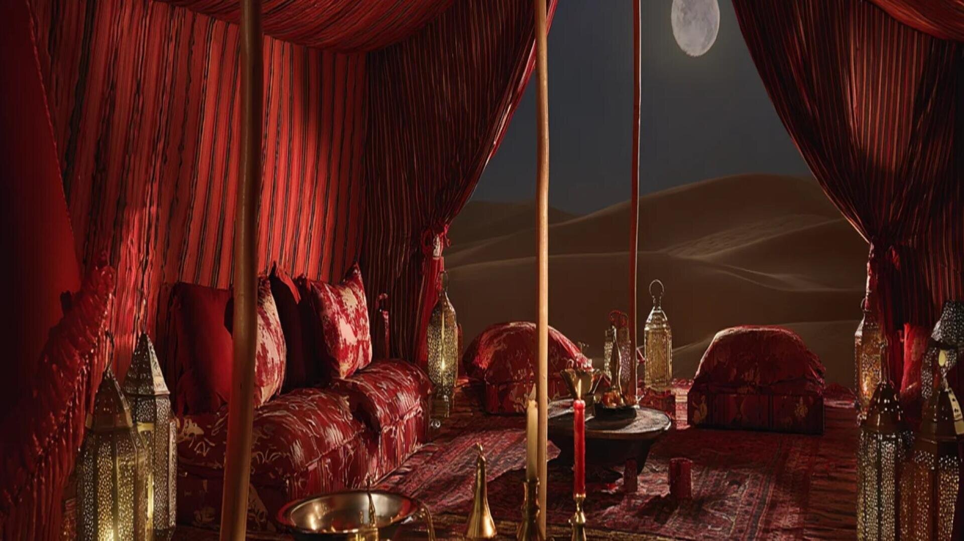 Ein luxuriöses rotes Zelt mit gemusterten Teppichen, Kissen und goldenen Laternen, das nachts bei Vollmond in der Wüste aufgebaut ist. Auf niedrigen Tischen sind Teller mit Snacks und dekorative Kerzen aufgestellt.