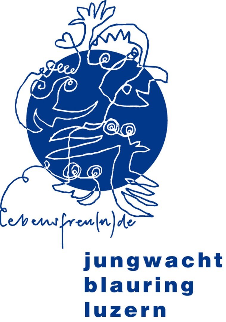 Ein blaues, kreisförmiges Logo mit abstrakten Strichzeichnungen von verspielten Figuren, Herzen und Vögeln. Unterhalb des Kreises steht handschriftlich "Lebenfreu(n)de" und in Blockschrift "jungwacht blauring luzern.".