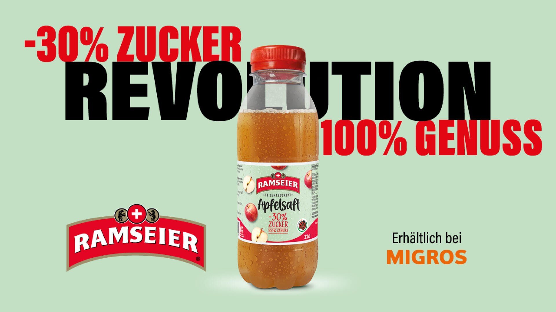 Eine Flasche Ramseier Apfelsaft mit der Aufschrift -30% Zucker steht vor der fetten schwarz-roten Schrift Revolution, 100% Genuss. Auf grünem Hintergrund sind die Logos von Ramseier und Migros zu sehen.
