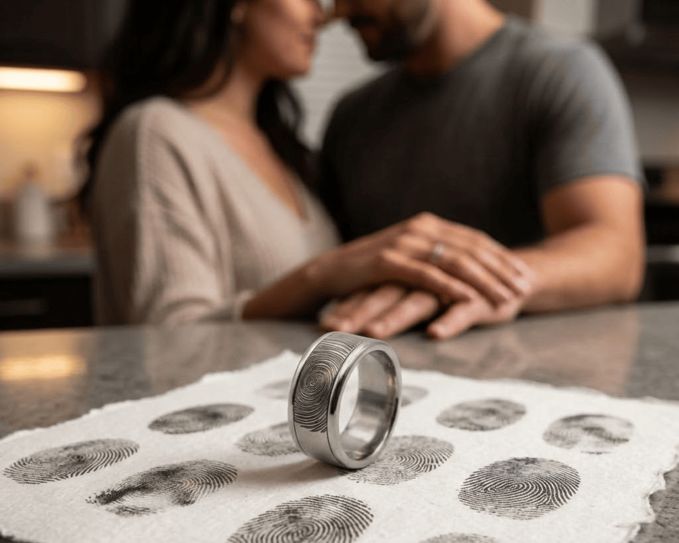 Ein silberner Ring mit einem Fingerabdruckmotiv liegt auf einem Tuch mit mehreren Fingerabdrücken, während sich ein Paar im unscharfen Hintergrund die Hände hält, was auf einen intimen Moment hindeutet.