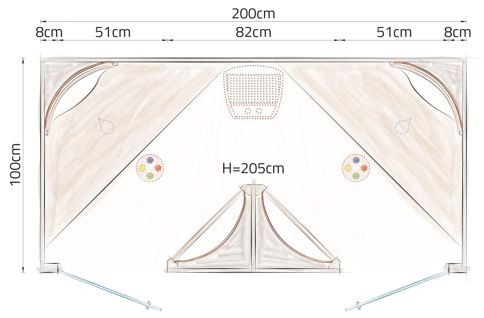 Ein Diagramm eines rechteckigen Zeltes mit den Abmessungen von oben nach unten: 200 cm breit, 100 cm tief und 205 cm hoch. Das Zelt hat dreieckige Eingänge auf der linken, rechten und unteren Seite, und es sind Details für Türen, Lüftungsöffnungen und Stangen dargestellt.
