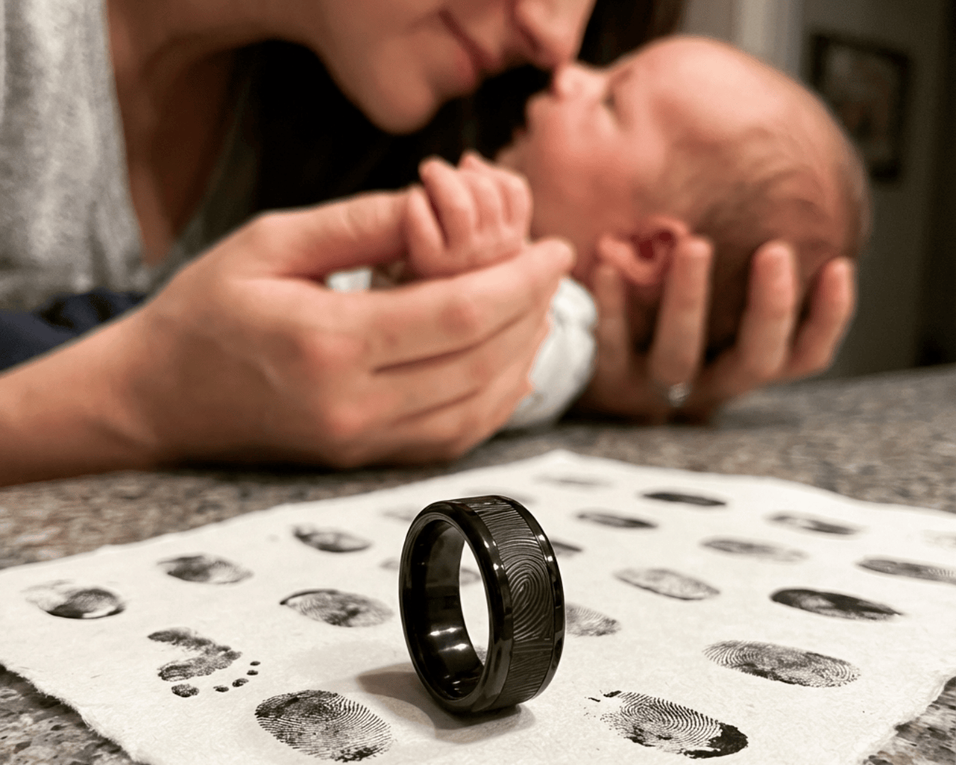 Ein schwarzer Ring mit eingraviertem Fingerabdruck liegt auf einem Tuch, das mit mehreren Fingerabdrücken bedeckt ist, während eine Frau sanft ein neugeborenes Baby im unscharfen Hintergrund hält und es anschaut.