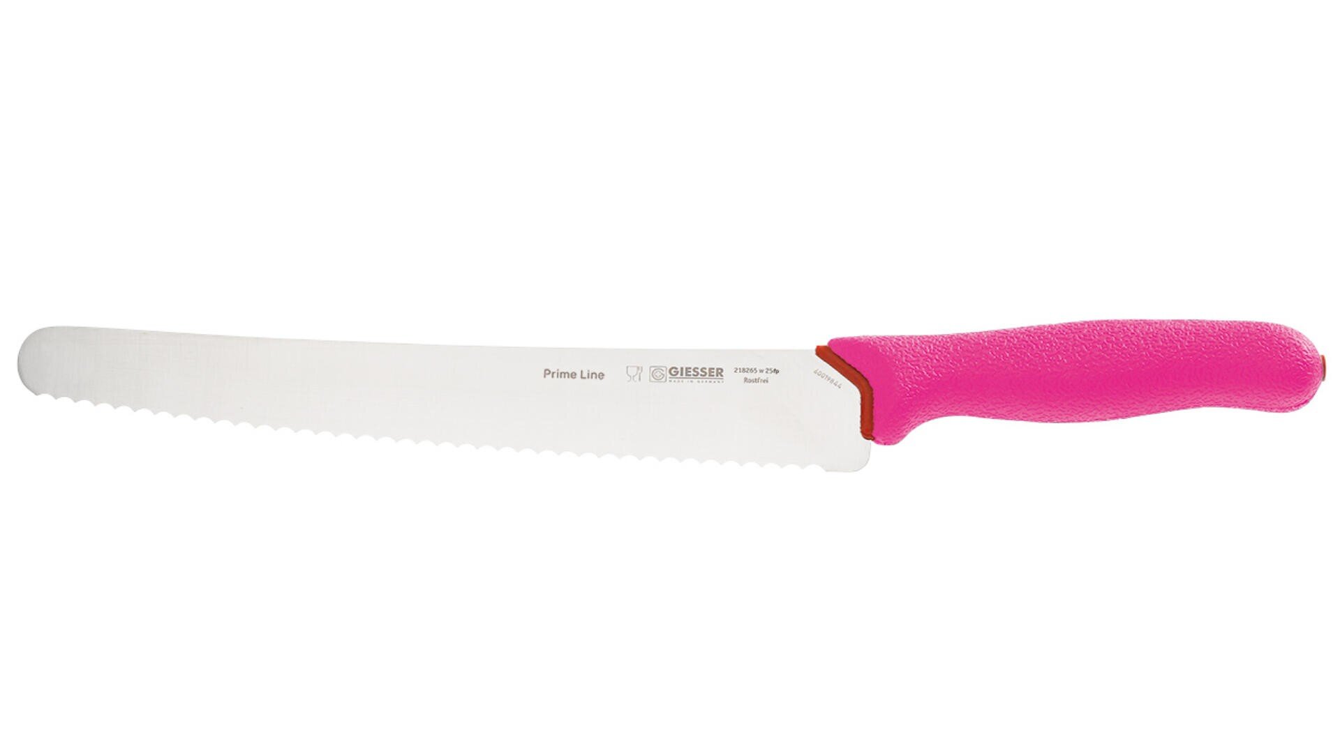 Ein gezacktes Brotmesser mit langer, silberner Klinge und einem leuchtend rosa strukturierten Griff, abgebildet auf weißem Hintergrund.