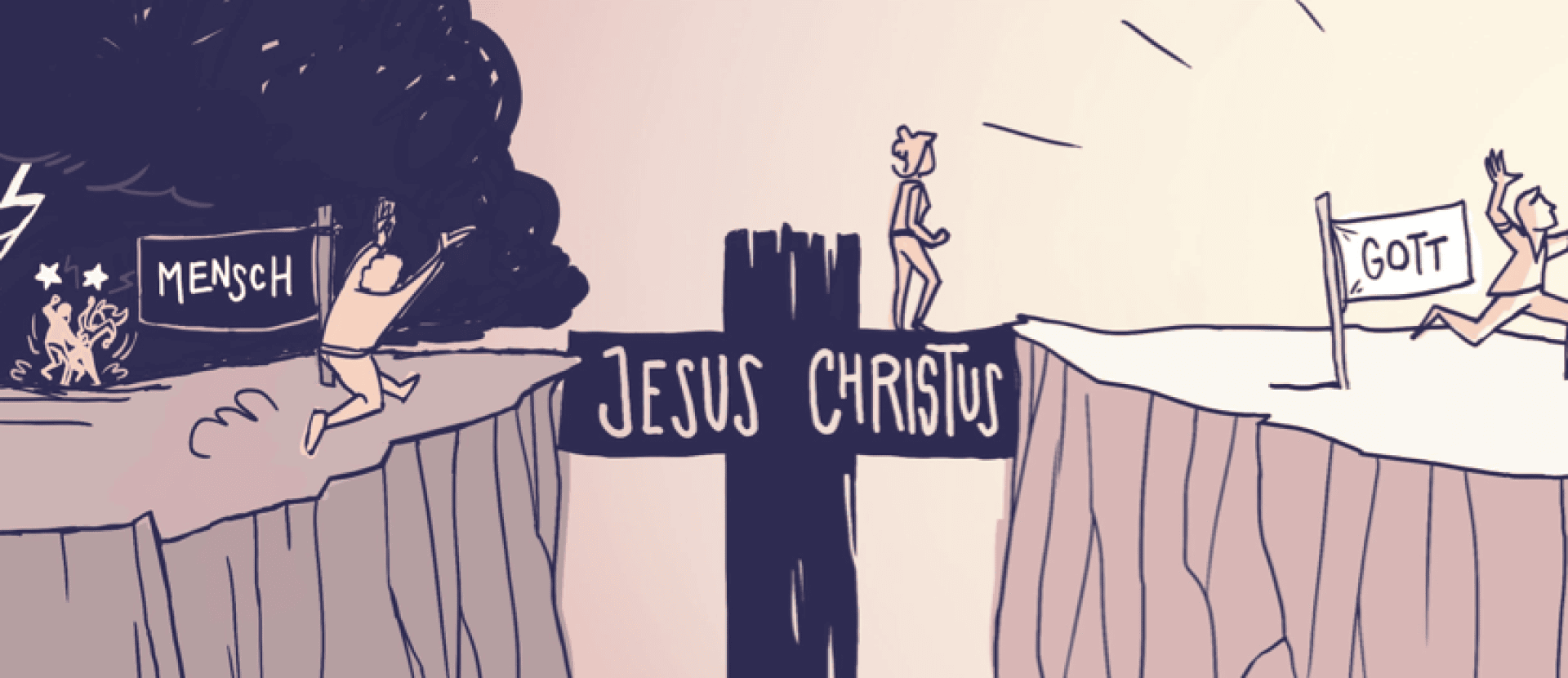 Eine Person springt von einer dunklen Klippe mit der Aufschrift MENSCH über einen Abgrund, der durch ein großes Kreuz mit der Aufschrift JESUS CHRISTUS überbrückt wird, zu einer hellen Klippe mit der Aufschrift GOTT.