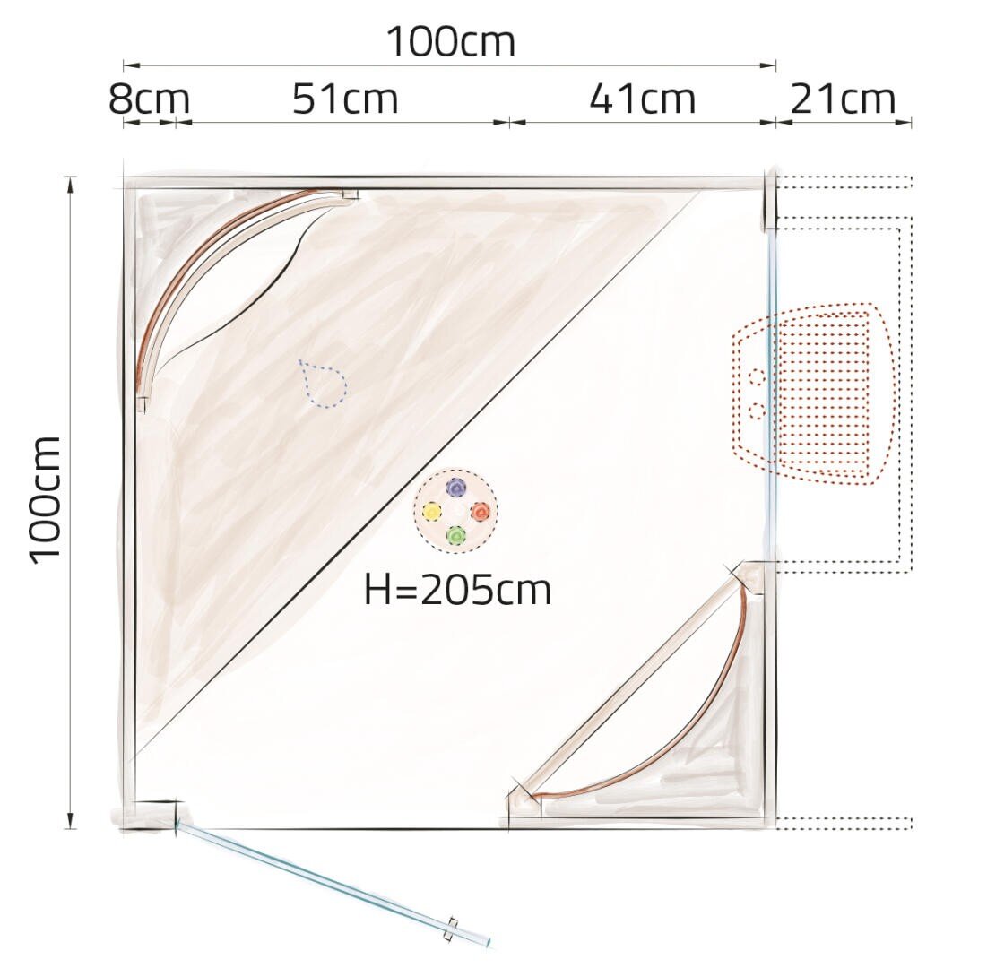 Eine Draufsicht auf einen 100 cm x 100 cm großen quadratischen Raum mit Türen, Messungen entlang jeder Wand, einem zentralen Kreis mit H=205 cm und einem Schreibtisch mit einem Stuhl in der rechten oberen Ecke.