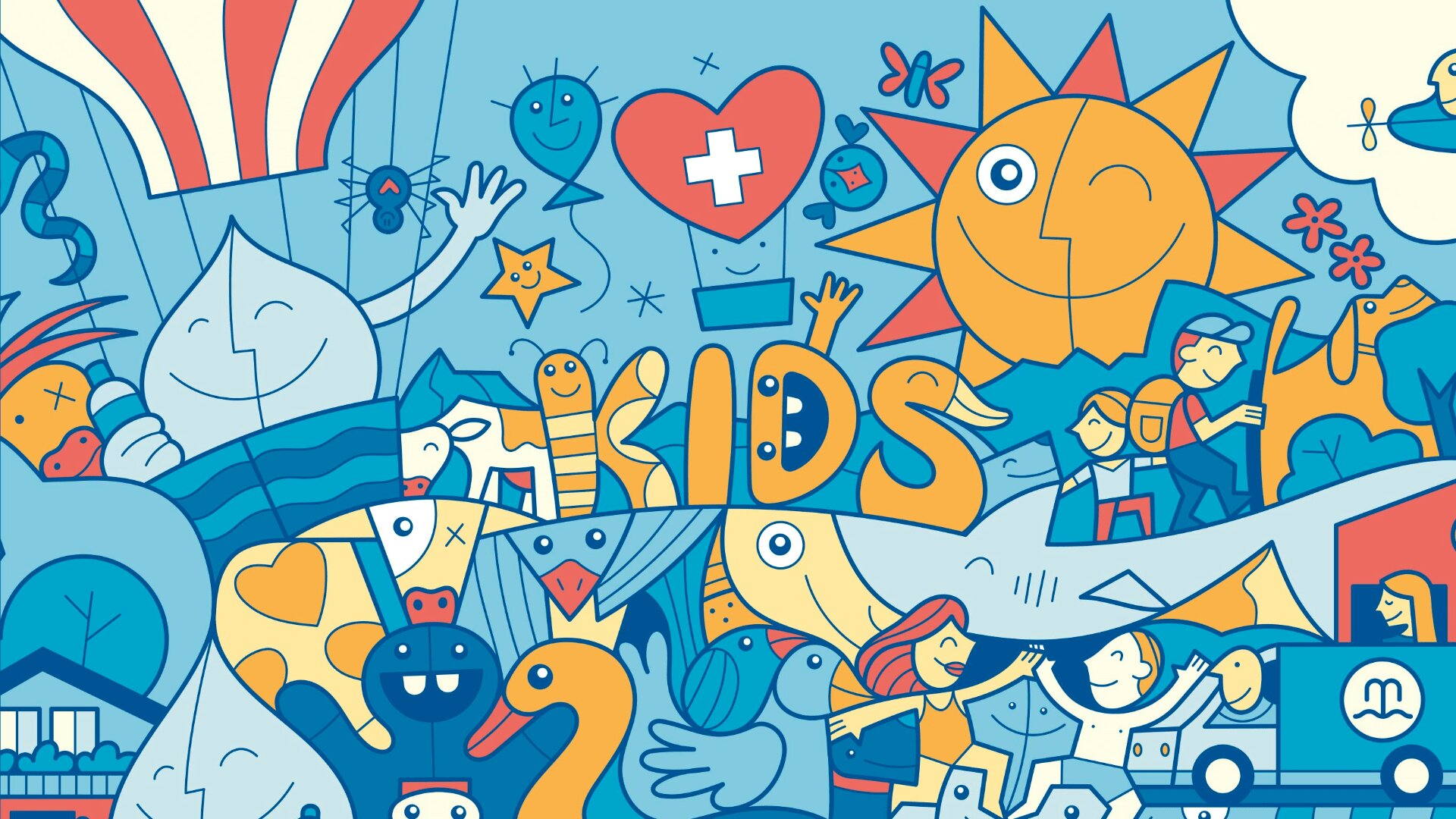 Bunte Cartoon-Illustration mit dem Wort KIDS, umgeben von verspielten Tieren, lächelnder Sonne, glücklichen Kindern, Herzen, Sternen und fröhlichen Formen, die alle vor einem hellblauen Hintergrund stehen.