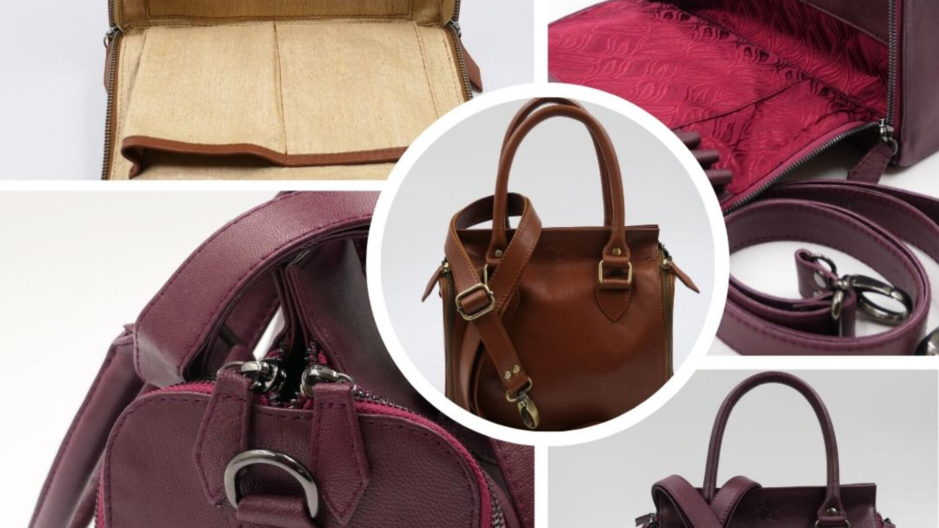 Eine Collage von Bildern zeigt eine Lederhandtasche in Braun- und Burgundertönen, wobei Details wie Riemen, Innenfutter, Reißverschlüsse und Beschläge hervorgehoben werden, während ein zentrales Bild die komplette Handtasche zeigt.