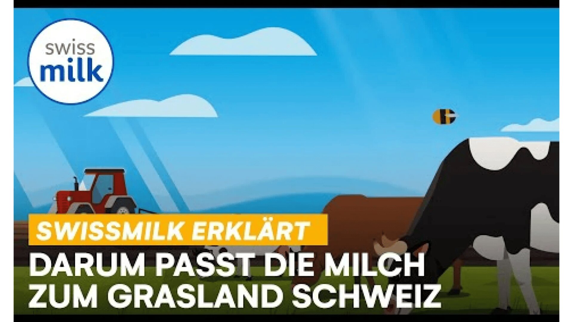 Illustration einer grasenden Kuh auf einer grünen Wiese mit Bergen, einem Traktor und einer Biene im Hintergrund. Der Text lautet: Swissmilk erklärt: Darum passt die Milch zum Grasland Schweiz.