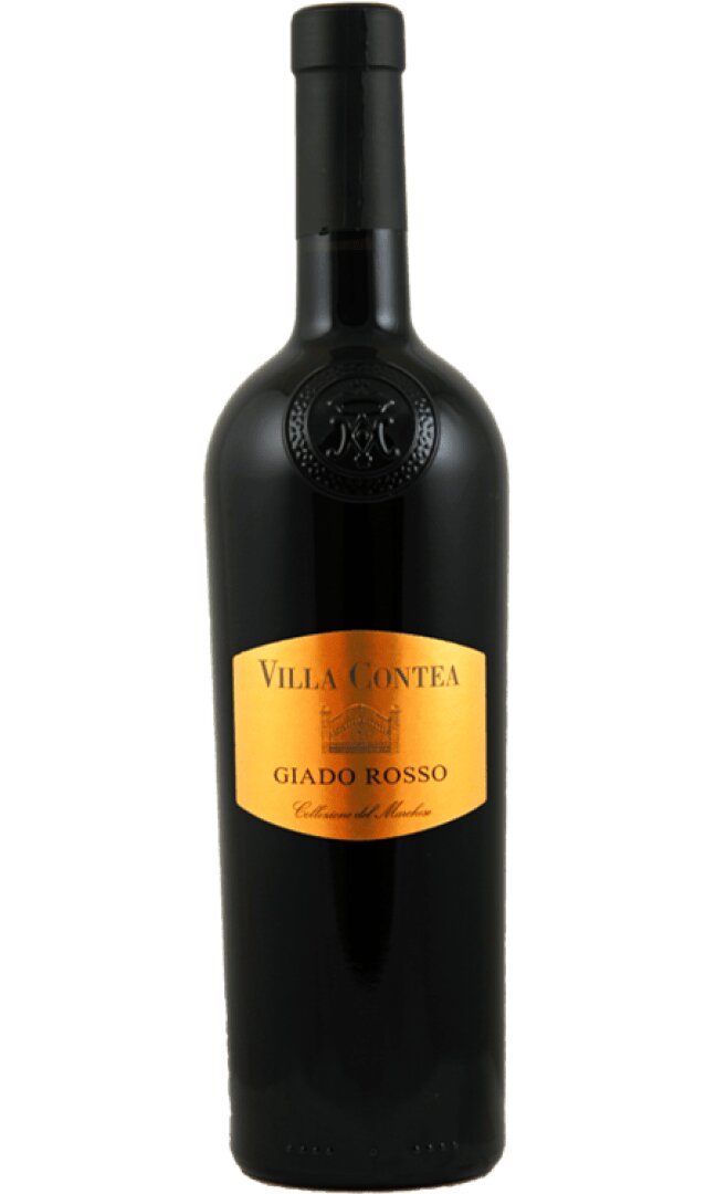 Eine Weinflasche aus dunklem Glas mit schwarzem Verschluss und einem goldenen Etikett mit der Aufschrift Villa Contea Giado Rosso Cabernet de Merlot vor einem schlichten hellen Hintergrund.
