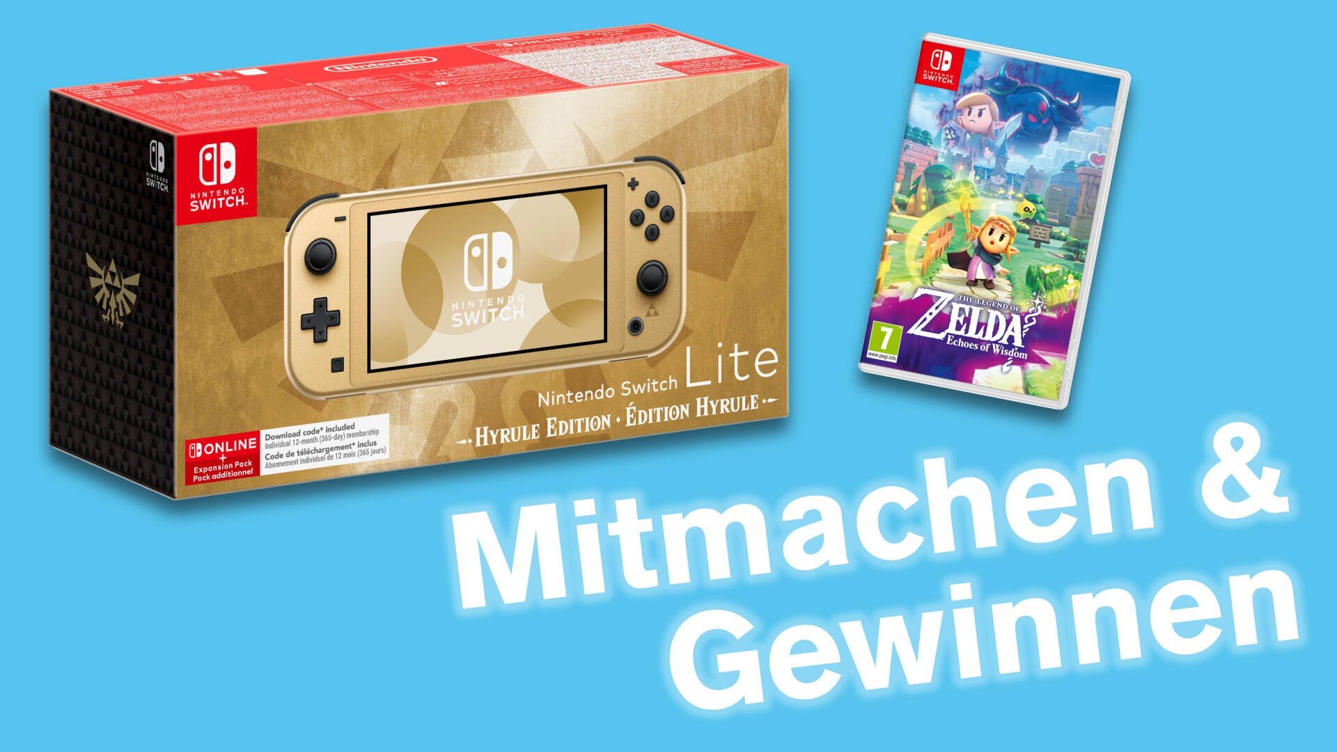 Eine Nintendo Switch Lite Hyrule Edition-Box und eine Legend of Zelda: Link’s Awakening-Spielhülle auf blauem Hintergrund mit weißem Text „Mitmachen & Gewinnen.“.