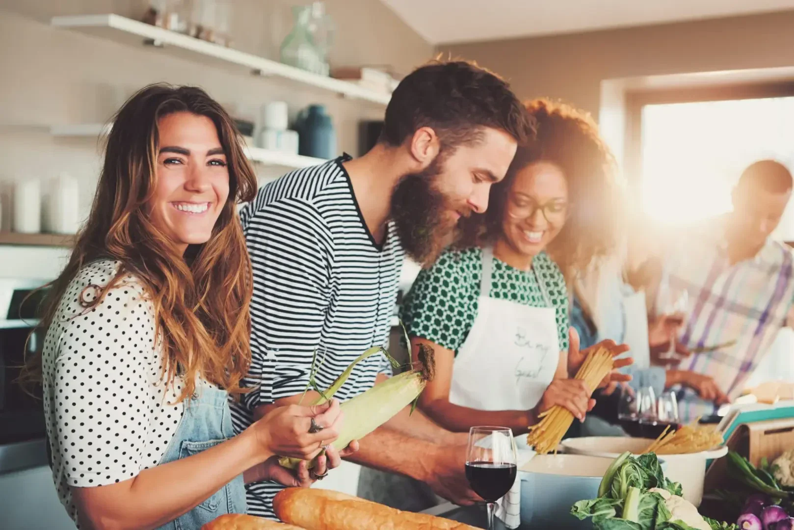 Eine Gruppe von vier Personen bereitet gemeinsam in einer hellen Küche lächelnd und lachend das Essen zu. Frisches Gemüse und Brot liegen auf der Theke, und ein Glas Wein steht daneben. Das Sonnenlicht scheint durch ein Fenster hinter ihnen herein.