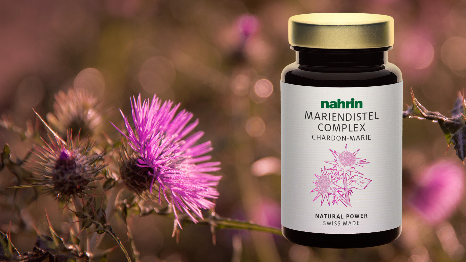 Eine Flasche des Nahrungsergänzungsmittels Nahrin Mariendistel Complex ist vor einer blühenden Mariendistelpflanze mit violetten Blüten abgebildet. Das Etikett zeigt eine stilisierte Distel-Illustration und einen Text, der darauf hinweist, dass es in der Schweiz hergestellt wird.