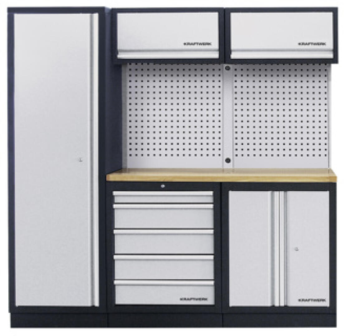 Ein modulares Garagenaufbewahrungssystem mit einem Hochschrank, zwei Hängeschränken, einer hölzernen Arbeitsplatte, mehreren Schubladen, einem Unterschrank und einer perforierten Metallleiste für die Werkzeugorganisation.