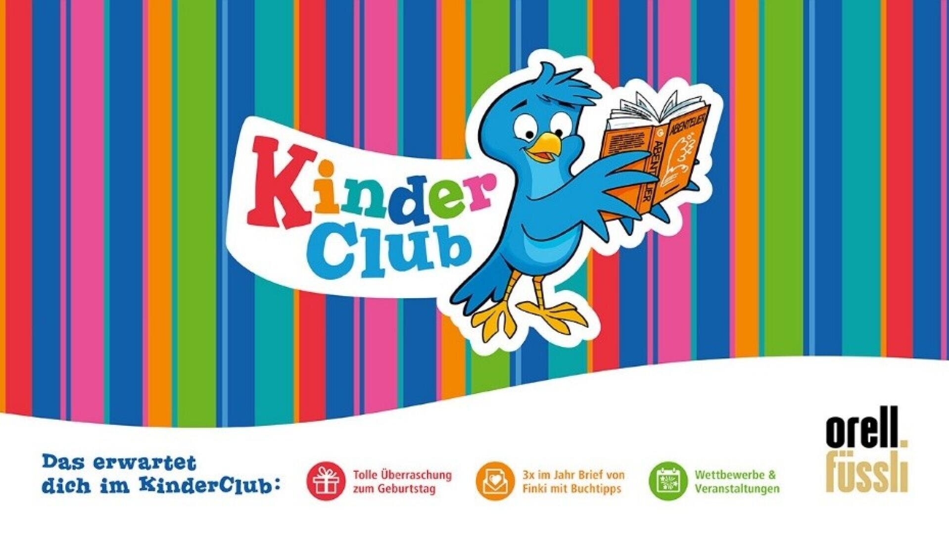 Ein blauer Cartoon-Vogel liest neben dem bunten "Kinder Club"-Logo auf einem gestreiften Hintergrund ein Buch. Darunter befinden sich Icons für Geburtstagsüberraschungen, Buchtipps, Wettbewerbe und Veranstaltungen. Das Orell Füssli-Logo befindet sich in der Ecke.