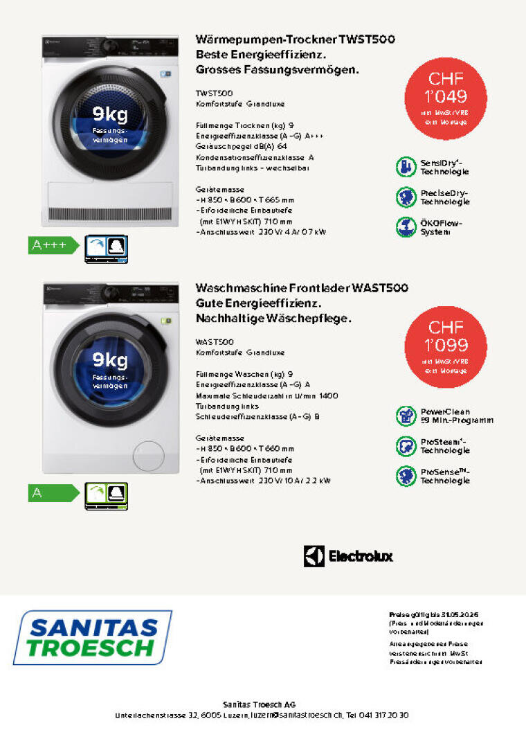 Ein Produktflyer mit zwei Electrolux-Waschmaschinen mit 9 kg Fassungsvermögen: der TW5T500 Trockner und die WAST500 Waschmaschine. Preise, Energielabels und Hauptmerkmale werden mit Schweizer Franken-Symbolen und Icons dargestellt.