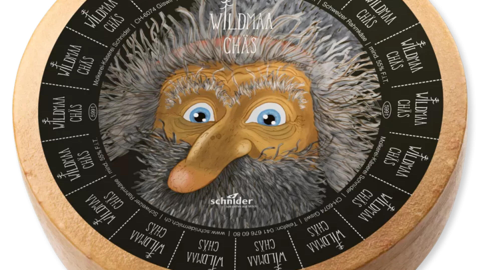 Ein runder Käse mit einer Cartoon-Illustration eines wilden Mannes mit Gesicht und Bart. Der Käse hat ein schwarzes Etikett mit dem Schriftzug WILDMAA CHÄS, der in Segmenten wiederholt wird, um den Rand herum.