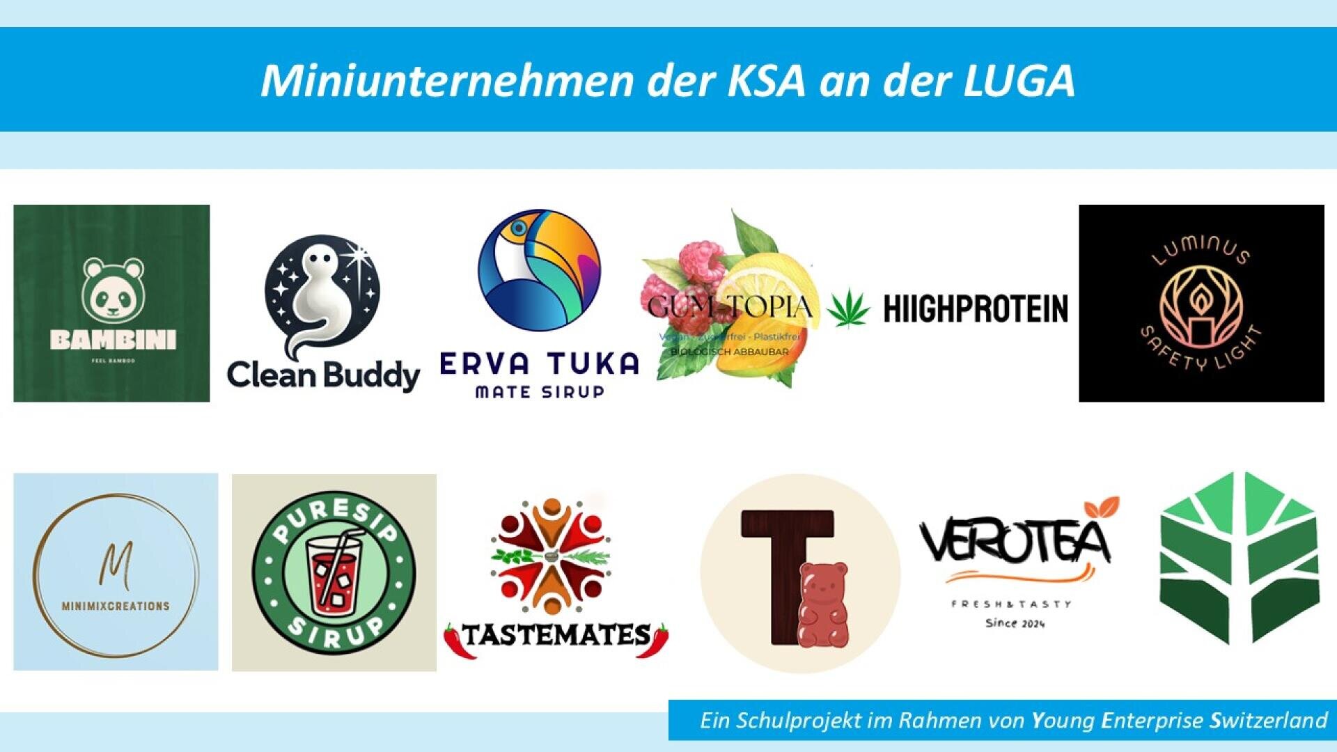 Ein blau-weisses Banner zeigt 12 Logos von Mini-Unternehmen, jedes mit eigenem Design und Namen, unter dem Titel "Miniunternehmen der KSA an der LUGA". Der Text darunter verweist auf ein Schülerprojekt mit Young Enterprise Switzerland.