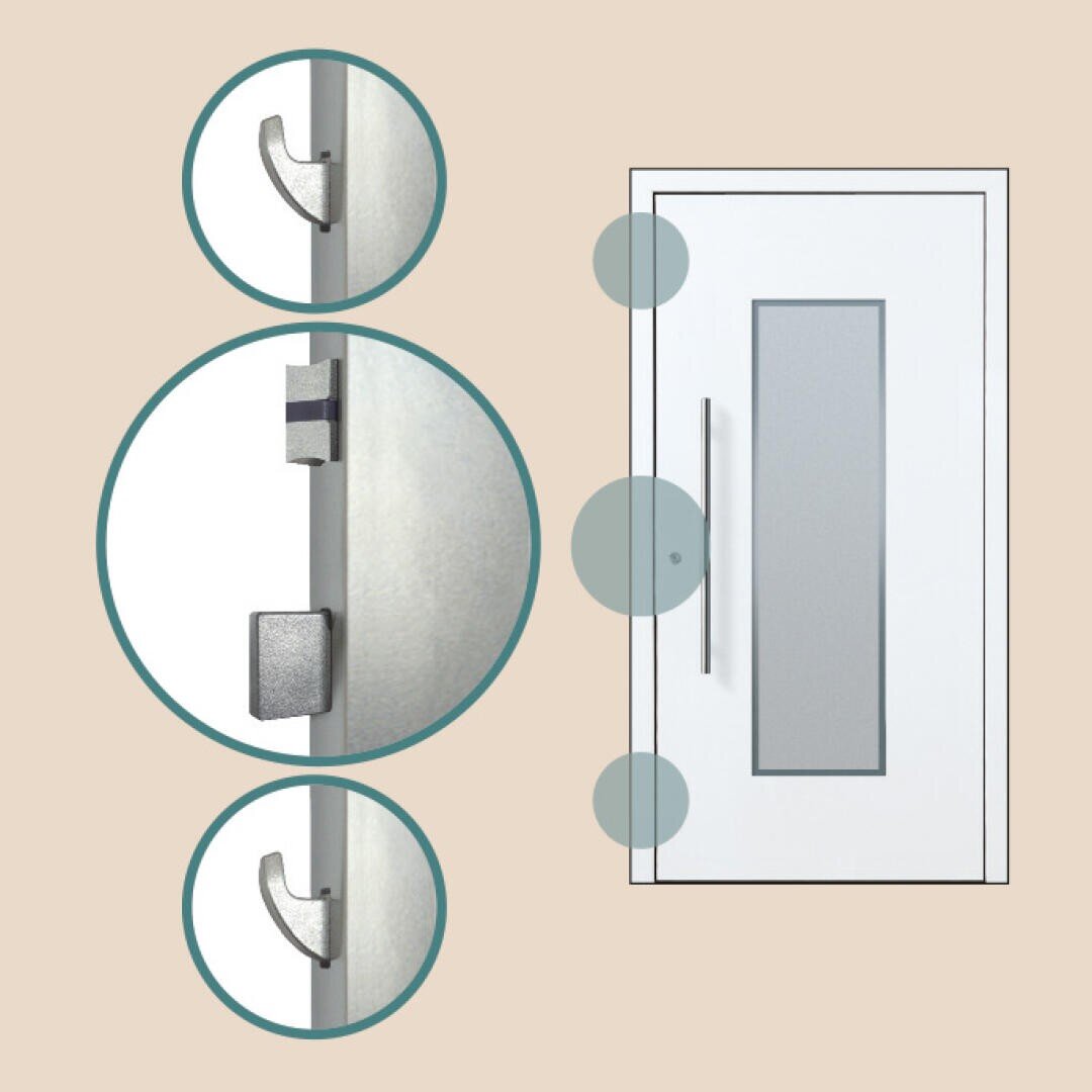 Illustration einer weißen Tür mit einem vertikalen Griff und einer Milchglasscheibe, mit Nahaufnahmen von drei verschiedenen Arten von Türverschlüssen oder Schließmechanismen entlang der Türkante.