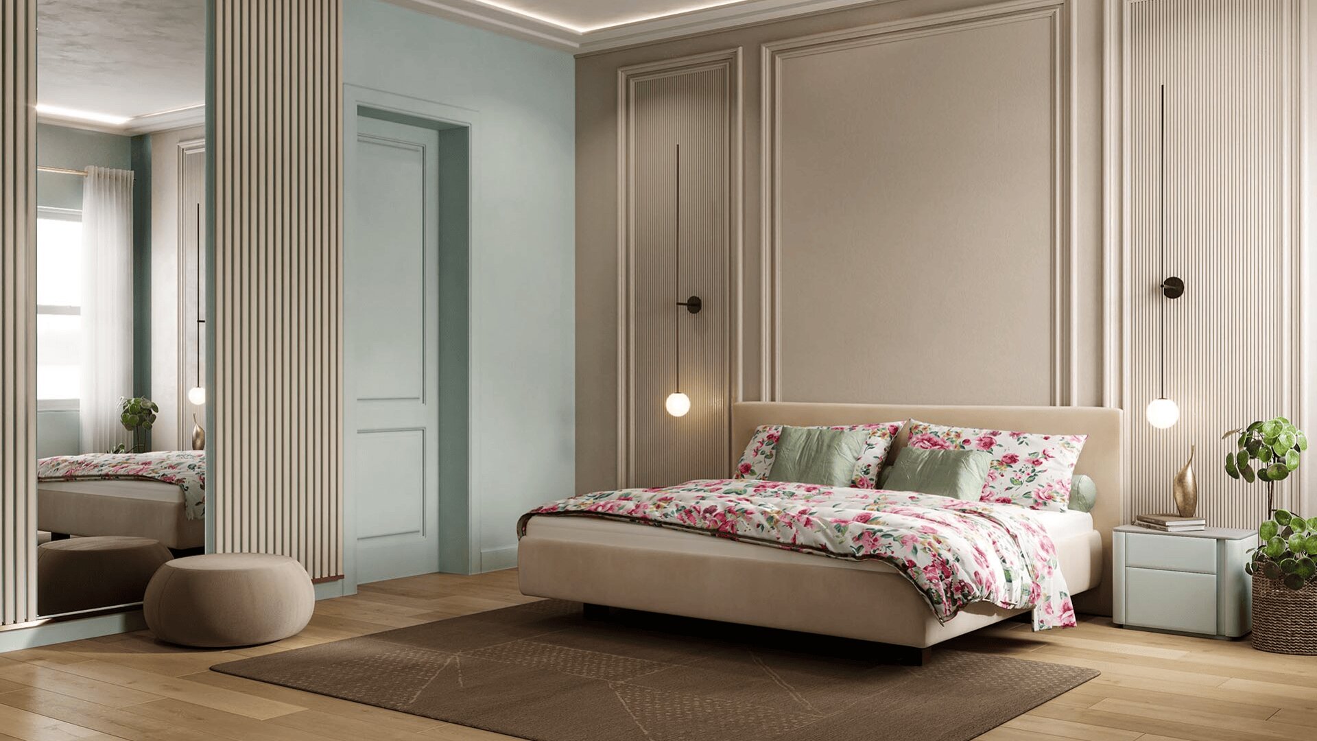 Modernes Schlafzimmer mit einem beigen Polsterbett, geblümter Bettwäsche und pastellgrünen Kissen. An beiden Seiten hängen Hängelampen, und ein Spiegel, ein Hocker, Pflanzen und dekorative Akzente vervollständigen den gemütlichen, eleganten Raum.