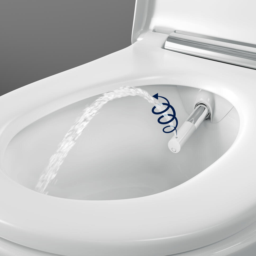 Nahaufnahme einer weißen Toilette mit einer Bidetdüse, die das Wasser nach oben sprüht. Ein blauer Spiralpfeil zeigt die Richtung an, in die das Wasser zur Reinigung gesprüht wird. Der Toilettensitz ist hochgeklappt.