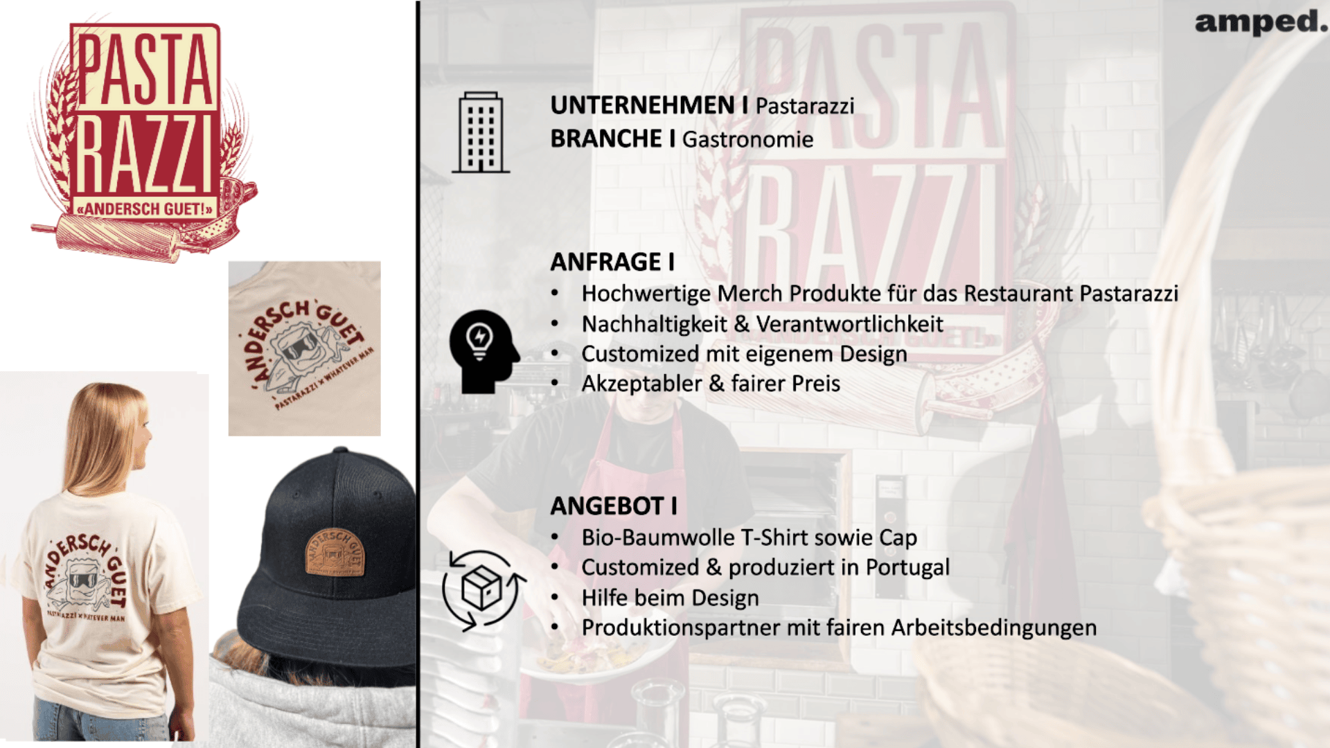 Eine Präsentationsfolie für das Restaurant Pastarazzi zeigt Markenkleidung (T-Shirt, Mütze), Unternehmensangaben, eine Anfrage für nachhaltige, maßgeschneiderte Produkte und ein Angebot von in Portugal hergestellten Hemden und Mützen aus Biobaumwolle.