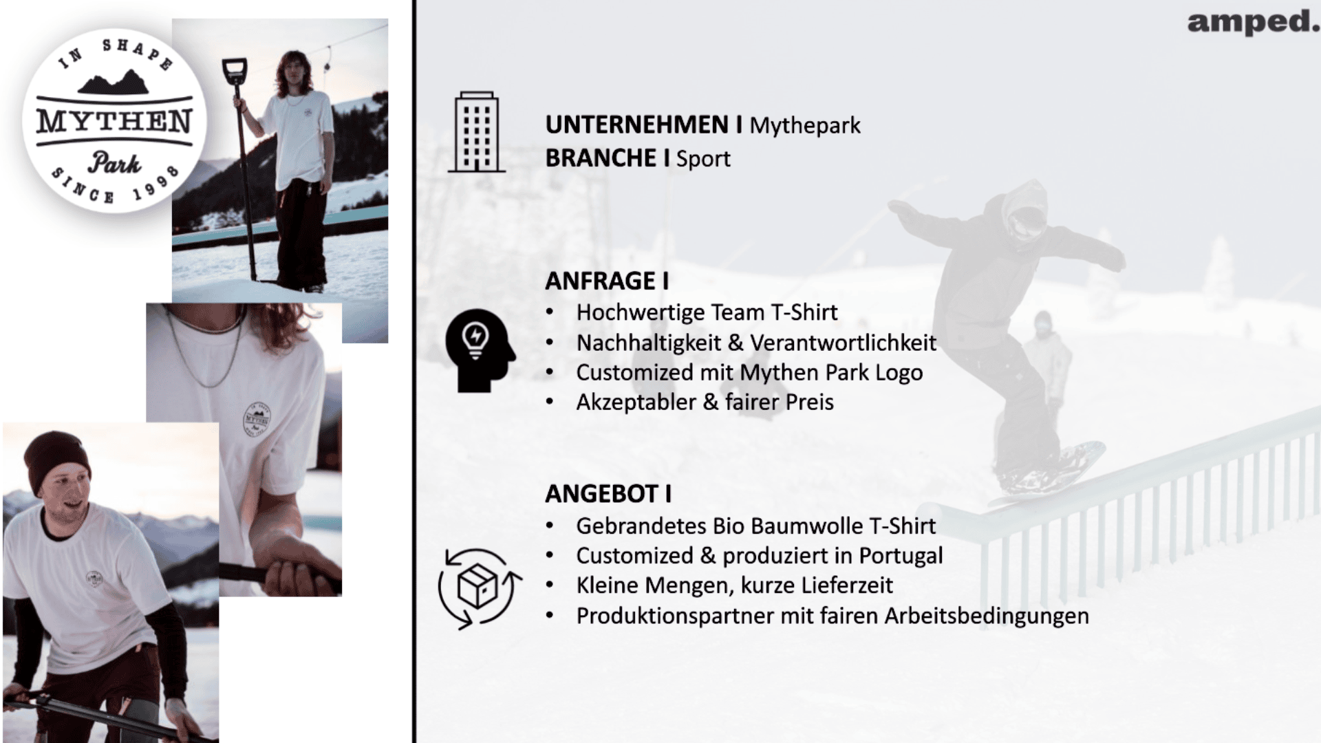 Auf der linken Seite sind drei Fotos von Snowboardern in einem verschneiten Park zu sehen. Auf der rechten Seite werden Informationen über die nachhaltigen T-Shirts von Mythenparks auf Deutsch angezeigt, mit Symbolen für die individuelle Gestaltung und die faire Produktion.