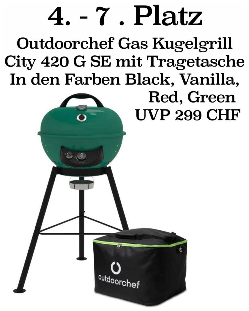 Ein grüner Outdoorchef Gas-Kugelgrill auf Stativbeinen ist über einer schwarzen Tragetasche abgebildet. Der deutsche Text beschreibt ihn als Modell City 420 G SE, das in verschiedenen Farben erhältlich ist und 299 CHF kostet, für Platz 4-7.