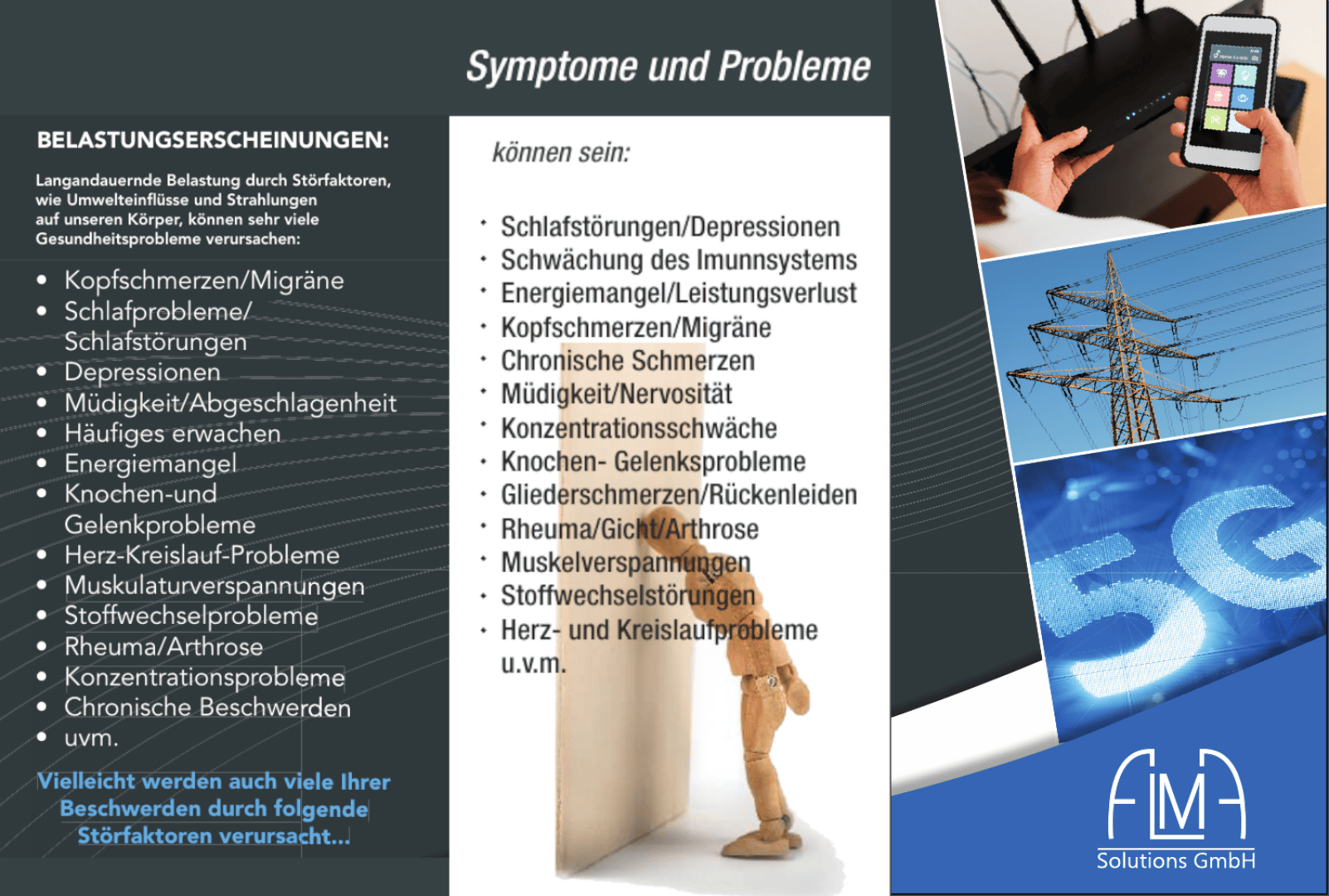 Deutschsprachige Informationsgrafik zu Symptomen und Problemen bei Langzeitbelastungen, mit Aufzählungspunkten zu verschiedenen Gesundheitsthemen. Zu sehen sind Stromleitungen, ein 5G-Schild, eine gestresste Person und das Firmenlogo der Solutions GmbH.