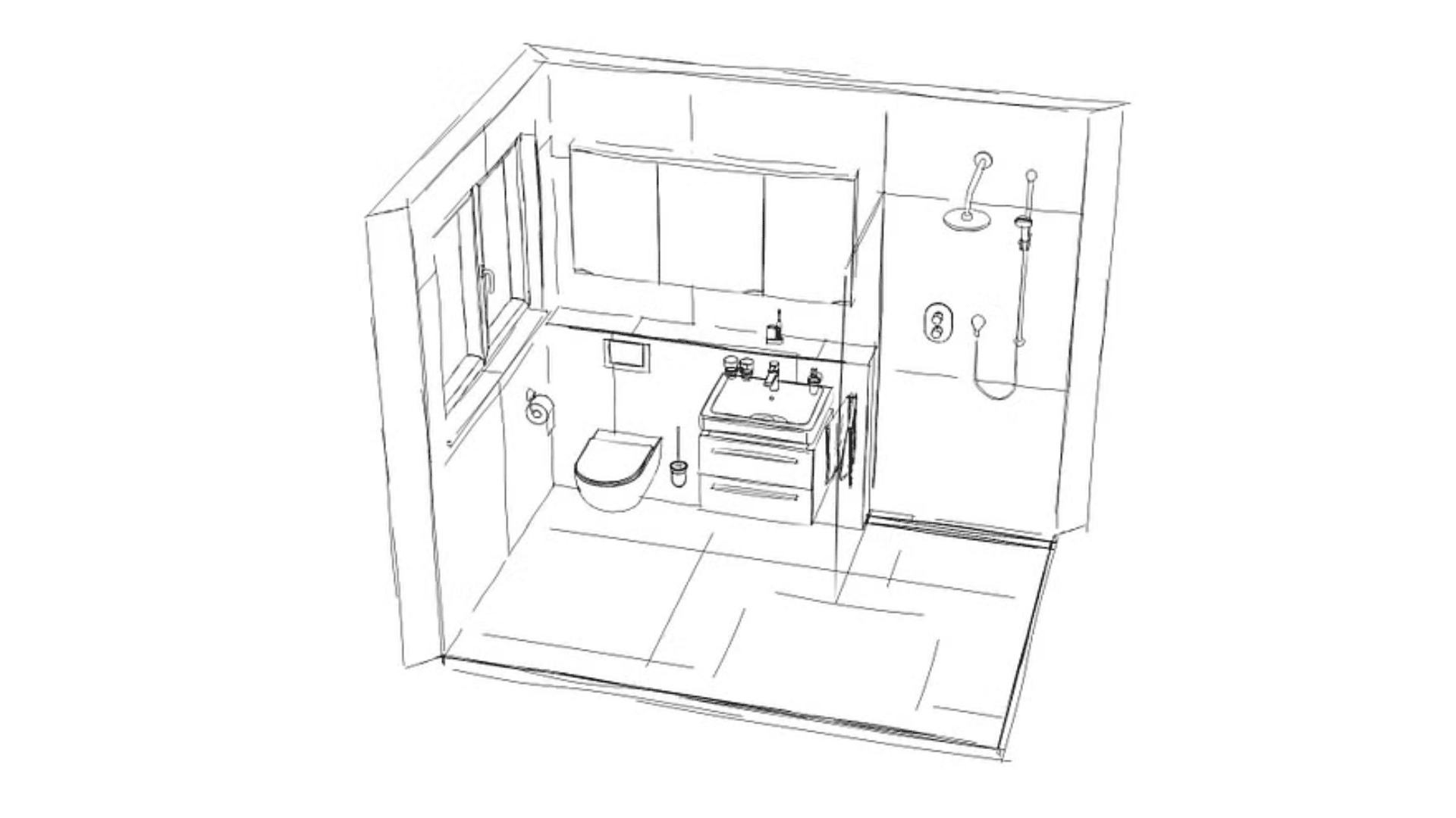 Eine schwarz-weiße Strichzeichnung eines modernen Badezimmers mit einer wandmontierten Toilette, einem Waschbecken mit Unterschrank, einem großen Spiegel und einer Dusche in der Ecke. Der Raum hat einen gefliesten Boden und ein Fenster an einer Wand.