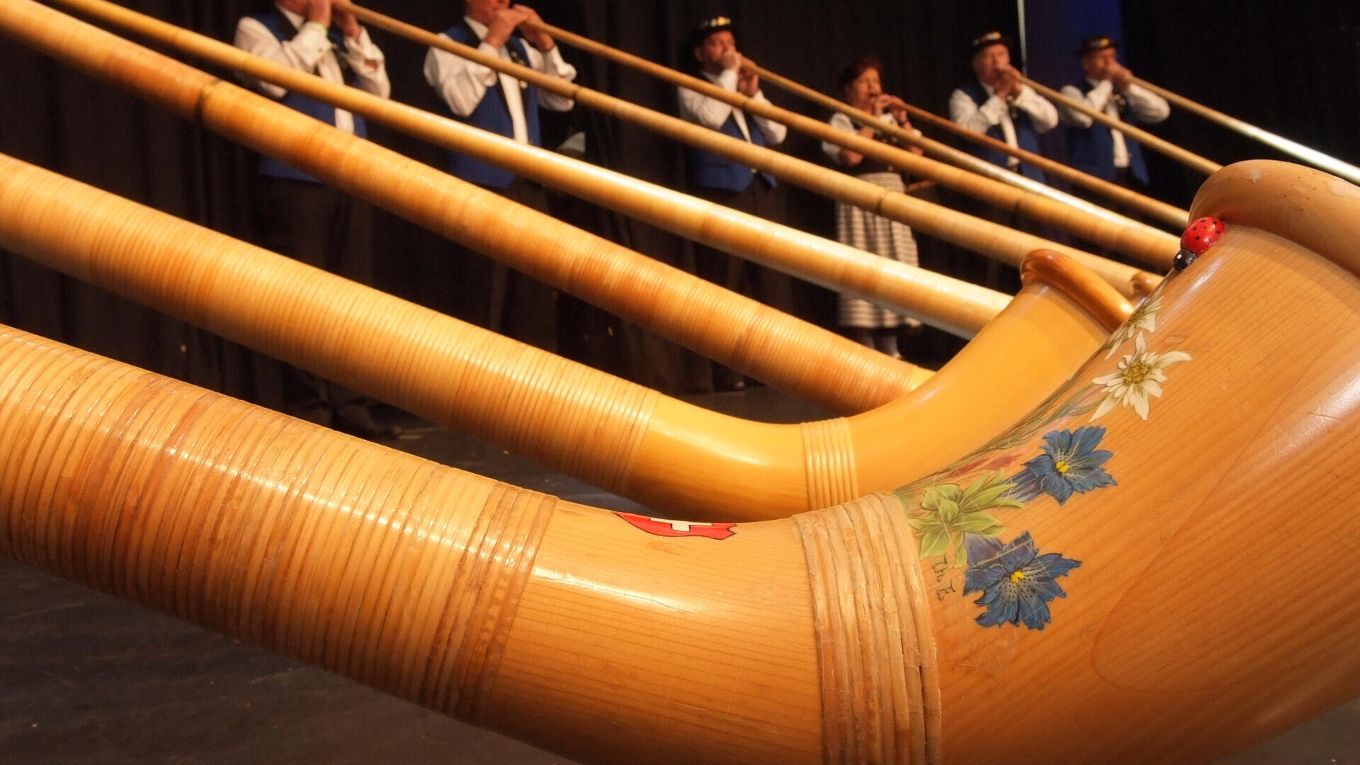 Nahaufnahme von geschmückten Alphörnern im Vordergrund, mit Musikern in traditioneller Kleidung, die sie auf einer Bühne im Hintergrund spielen.