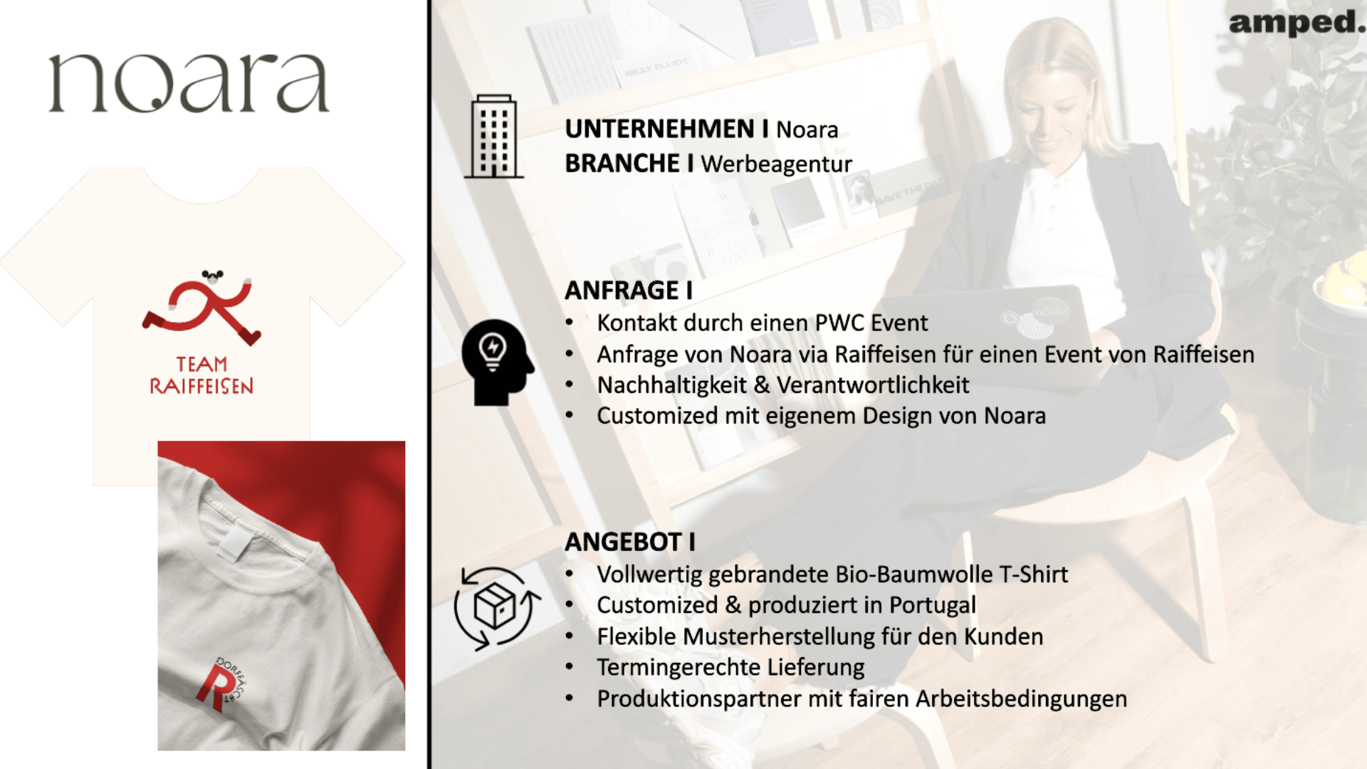 Eine Präsentationsfolie, die Noara, eine Kreativagentur, zeigt, wie sie T-Shirts aus Biobaumwolle für Raiffeisen entwirft. Enthält Bilder von T-Shirts, Projektdetails und eine Geschäftsfrau, die im Hintergrund an einem Laptop arbeitet.