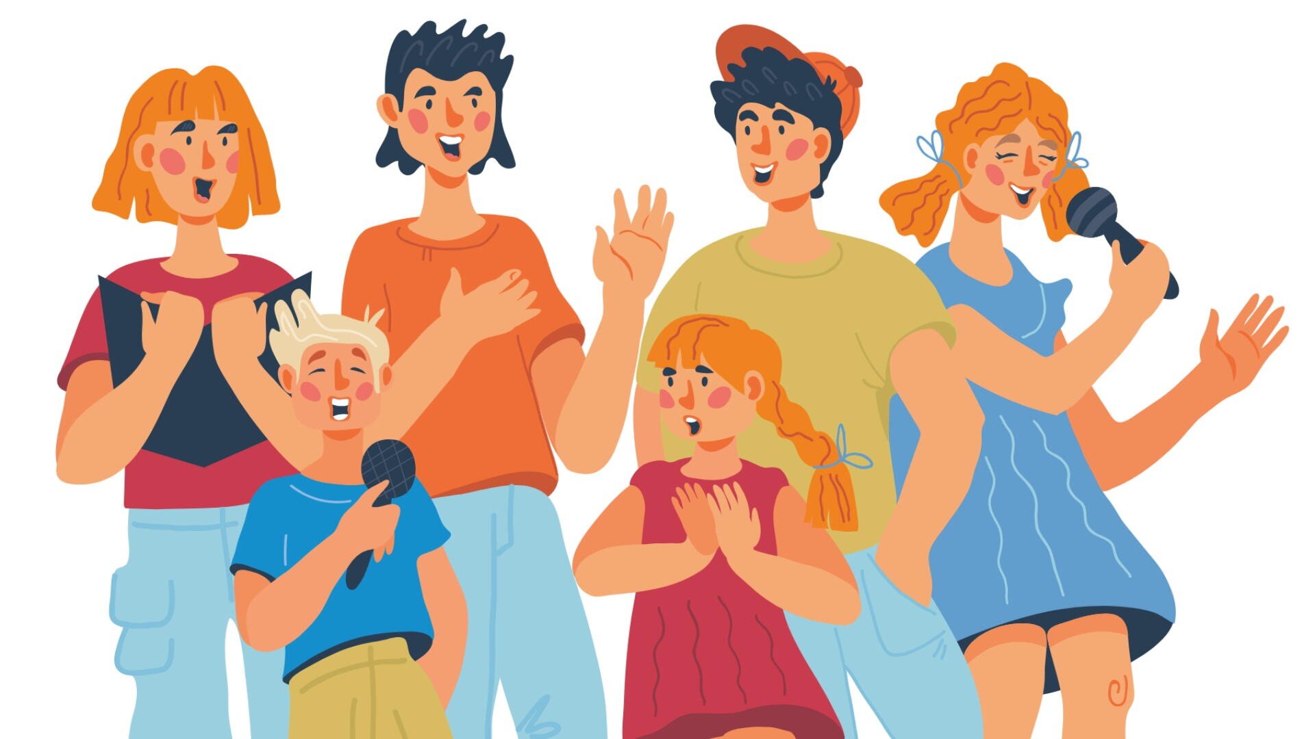Illustration von sechs fröhlichen Menschen, Frauen, Männern und Kindern, die singen oder in Mikrofone sprechen und freudig gestikulieren, was auf eine Karaoke- oder Gesangsveranstaltung hindeutet. Alle lächeln und interagieren miteinander.