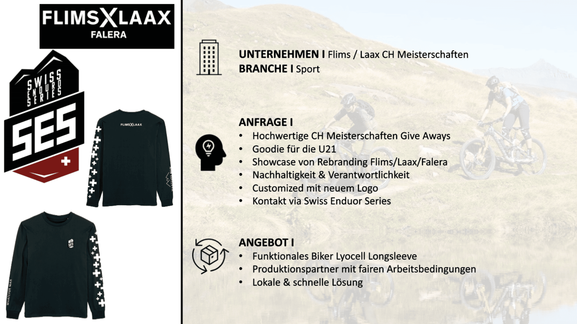 Präsentationsfolie mit den Logos von FLIMS X LAAX FALERA und der Swiss Enduro Series, Bildern eines schwarzen Langarmshirts und deutschem Text über Markenbekleidung für eine Sportveranstaltung, mit zwei Radfahrern im Hintergrund.