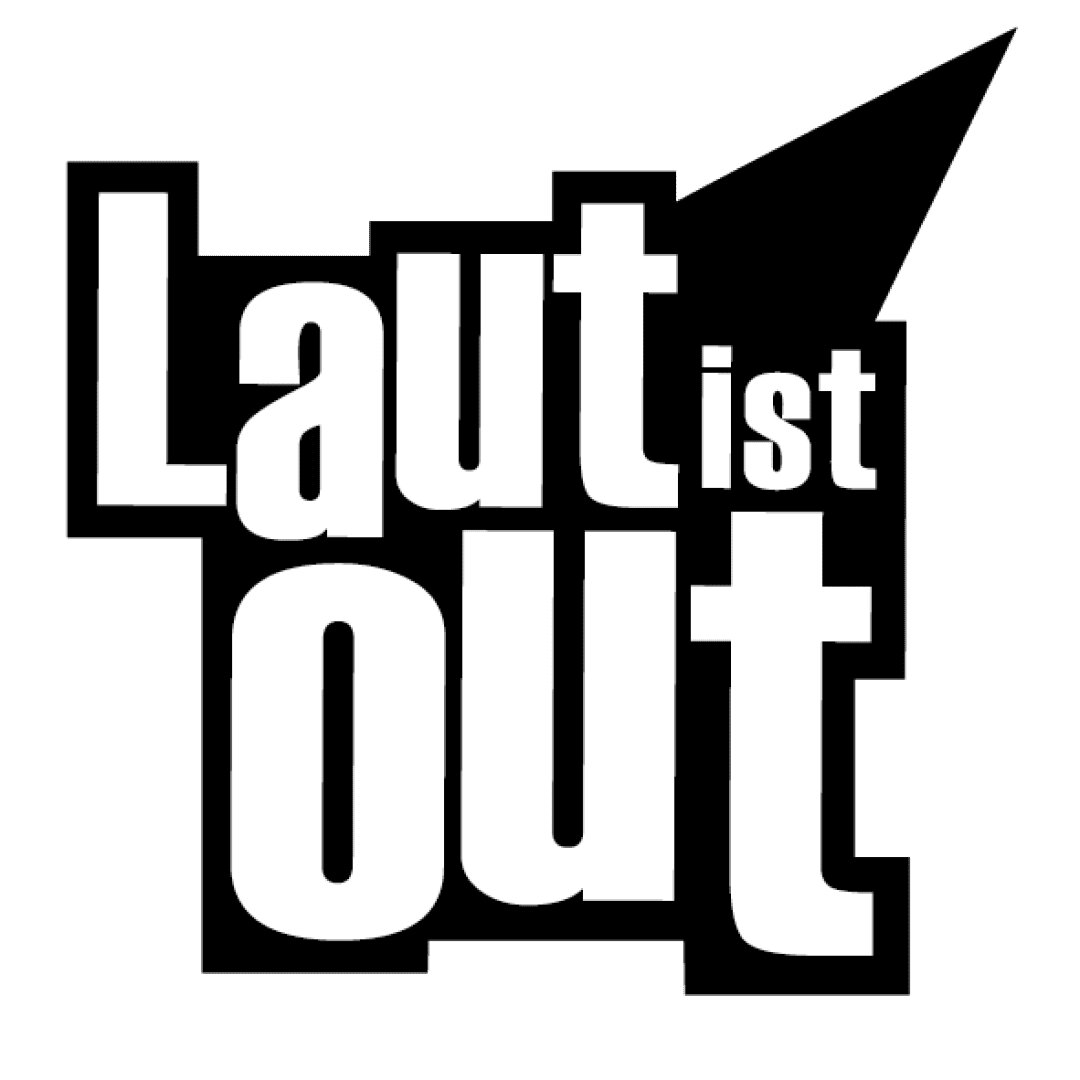 Der fette schwarz-weiße grafische Text "Laut" wird durch "ist" in kleineren Buchstaben und ein scharfes schwarzes Dreieck, das von der oberen rechten Ecke nach oben zeigt, hervorgehoben.