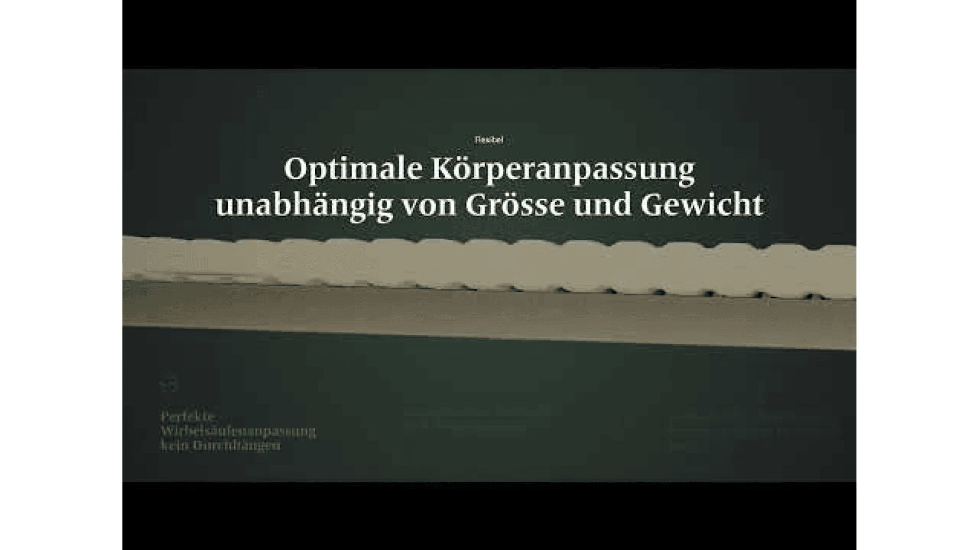Dia mit deutschem Text: Optimale Körperanpassung unabhängig von Größe und Gewicht auf dunklem Hintergrund, mit einer Wellenlinie und kleinerem Text in der linken unteren Ecke.