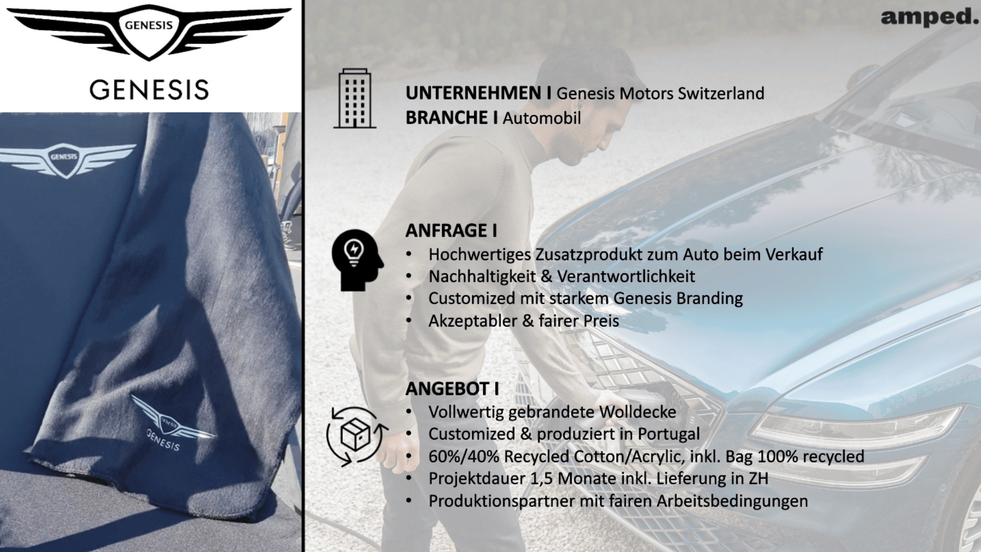 Links ist ein Kapuzenpulli der Marke Genesis zu sehen. Rechts begutachtet ein Mann die Front eines Genesis Autos. Der Text enthält Angaben zum Unternehmen, Informationen zur Nachhaltigkeit und ein Angebot zur individuellen Gestaltung des Hoodies auf Deutsch.