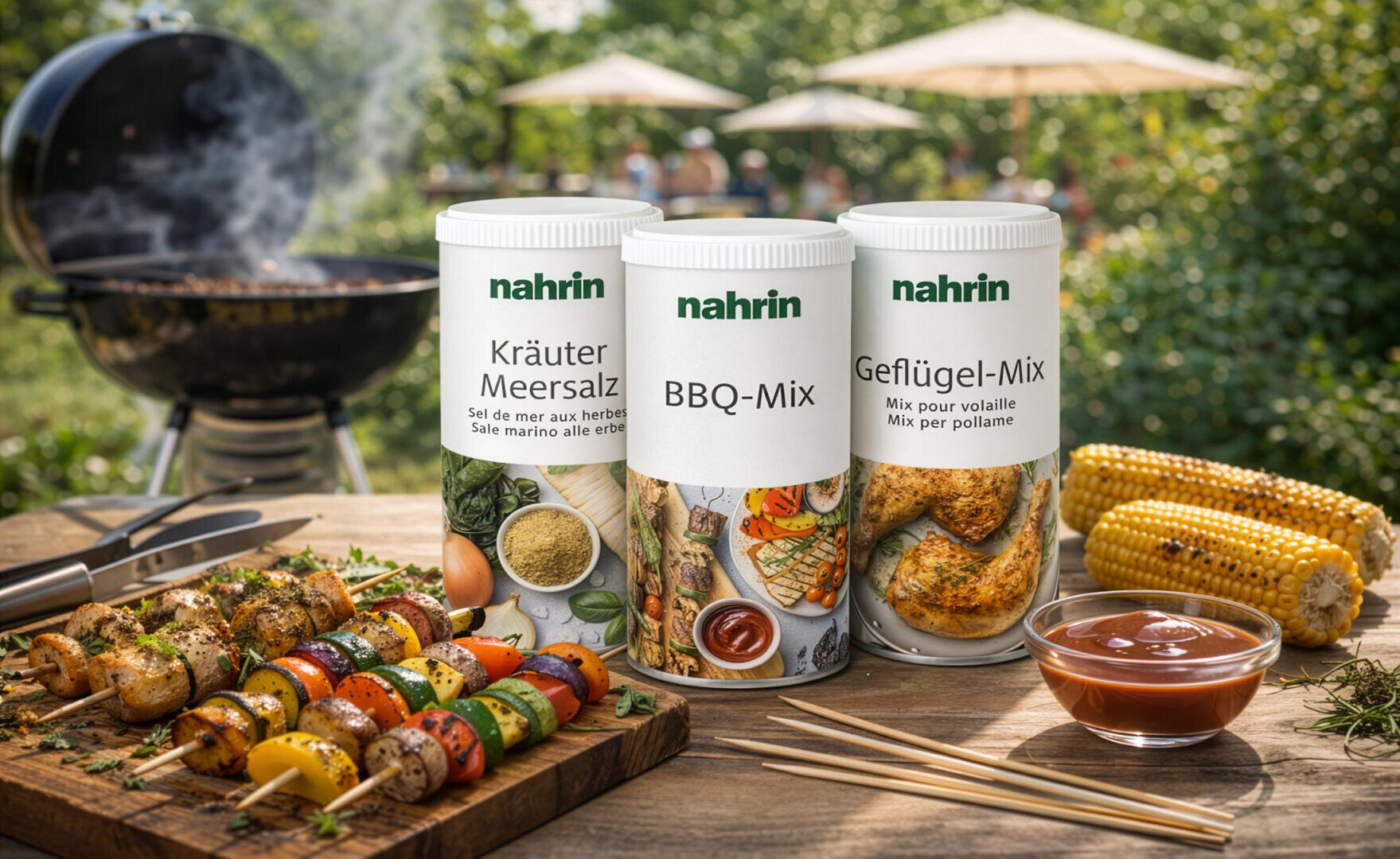 Drei Gewürzbehälter mit der Aufschrift Kräuter Meersalz, BBQ-Mix und Geflügel-Mix stehen auf einem Tisch mit gegrilltem Gemüse, Mais und Soße. Im Hintergrund sind ein Grill und Sitzgelegenheiten im Freien zu sehen.