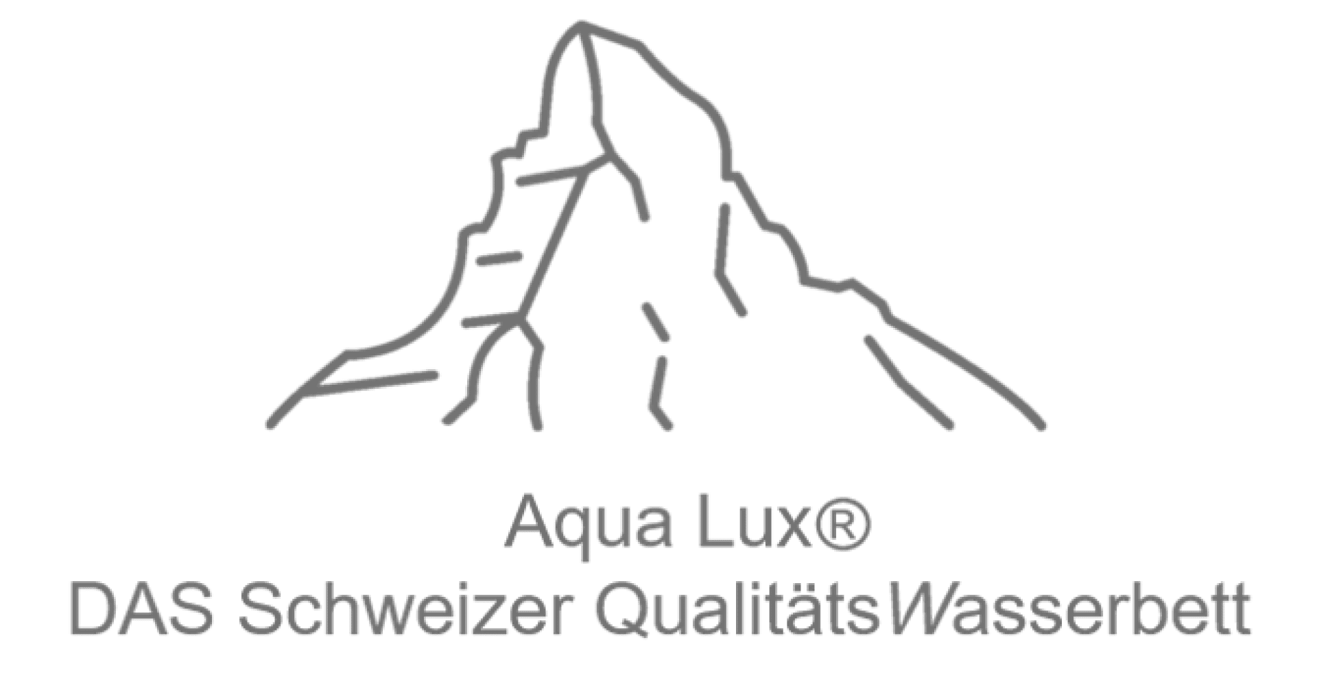 Eine einfache Strichzeichnung eines Berges, darunter der Text Aqua Lux® DAS Schweizer QualitätsWasserbett.