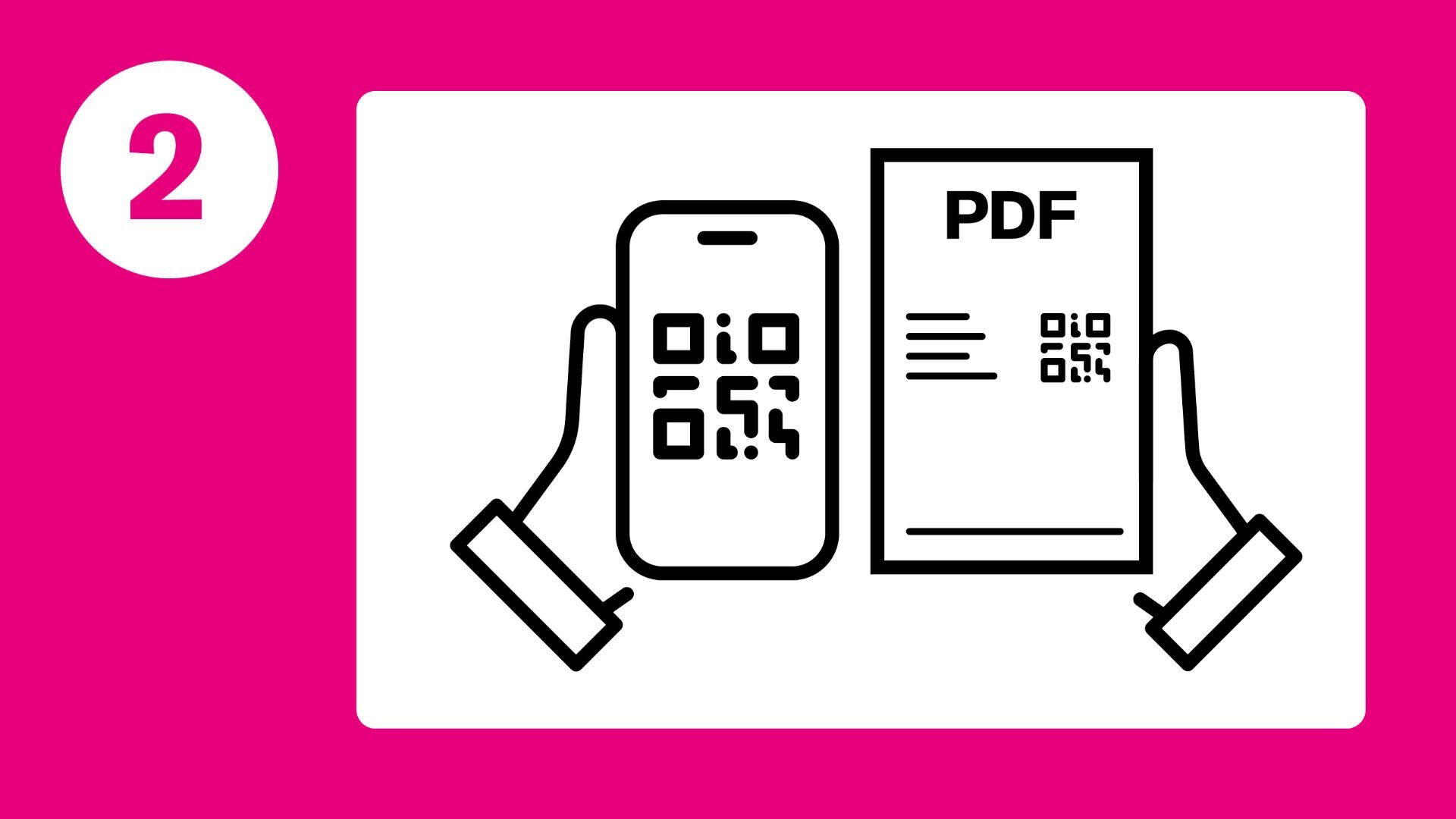 Eine Grafik mit Händen, die ein Telefon und ein PDF-Dokument halten, beide mit QR-Codes, vor einem rosa Hintergrund. Ein weißer Kreis mit der Zahl 2 befindet sich auf der linken Seite des Bildes.
