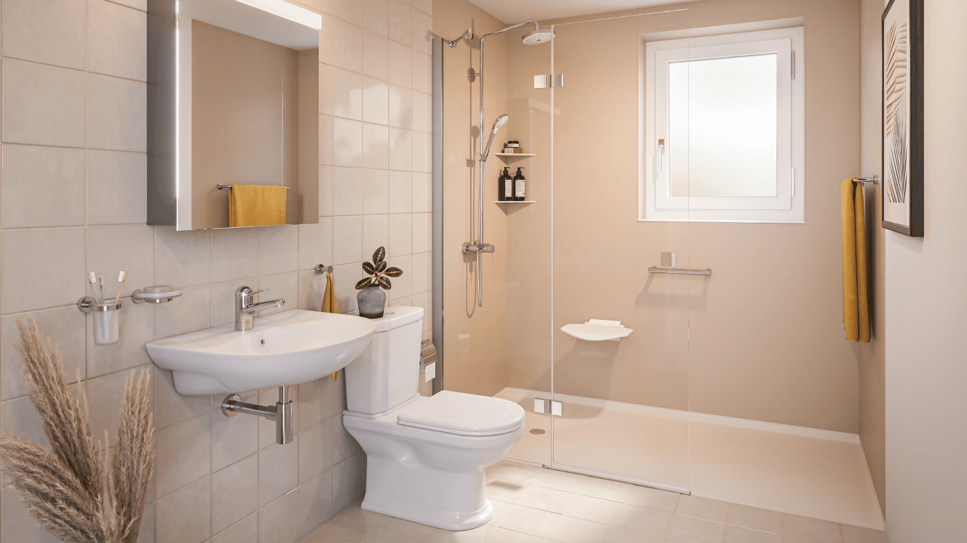 Modernes Badezimmer mit hellbeigen Fliesen, Wandwaschbecken, weißer Toilette, gläserner Dusche, Fenster und schlichter Einrichtung mit einer Pflanze, einem gelben Handtuch und einem gerahmten Kunstwerk. Der Raum ist sauber und gut beleuchtet.
