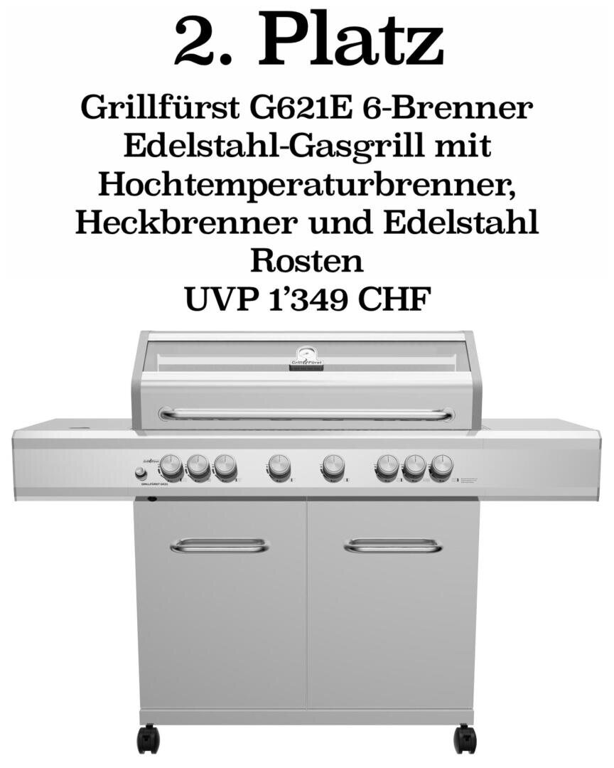Ein 6-flammiger Gasgrill aus Edelstahl mit Abzugshaube, Seitenablagen und Drehknöpfen, der unter dem deutschen Text, der seine Funktionen und seinen Preis auflistet, auf dem zweiten Platz steht.