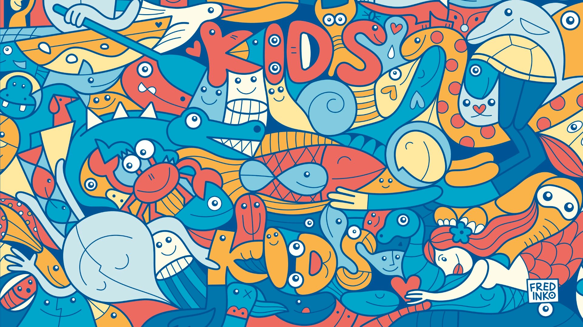 Bunte Illustration im Cartoon-Stil mit verspielten Meeresbewohnern, Kindern und skurrilen Figuren. Die Worte KIDS erscheinen zweimal in fetten roten Buchstaben zwischen den lebhaften, sich überschneidenden Figuren und Unterwasserelementen.
