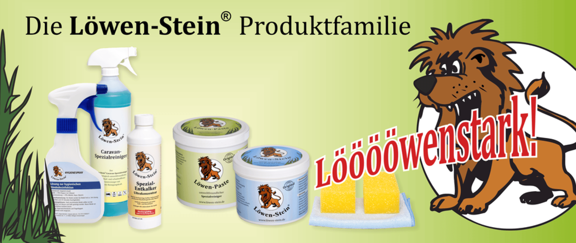 Produktpalette von Reinigungsmitteln der Marke "Löwen-Stein", darunter Sprays, Wannen und Schwämme. Rechts sind ein Cartoon-Löwe und der große Text "Löööwenstark!" auf gelbem Hintergrund zu sehen.
