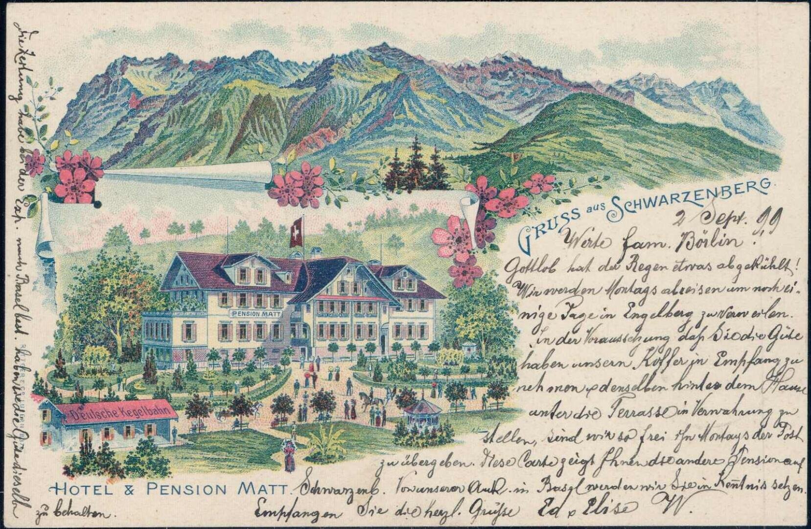 Eine alte Postkarte, die ein großes Alpenhotel mit Menschen im Freien, üppigen Gärten und Bergen im Hintergrund zeigt; handgeschriebener deutscher Text füllt die rechte Seite und florale Dekorationen akzentuieren die Szene.