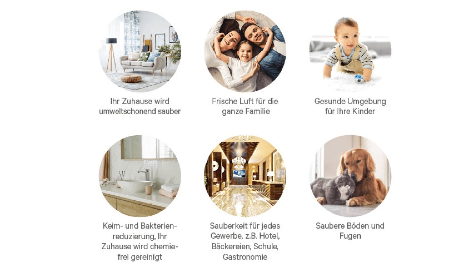 Sechs runde Bilder mit deutschem Text unter jedem Bild. Die Bilder zeigen ein Wohnzimmer, eine lächelnde Familie, ein Kind, ein sauberes Waschbecken, einen Kronleuchter und einen Hund mit einer Katze und betonen damit die Sauberkeit im Haus und eine sichere Umgebung.
