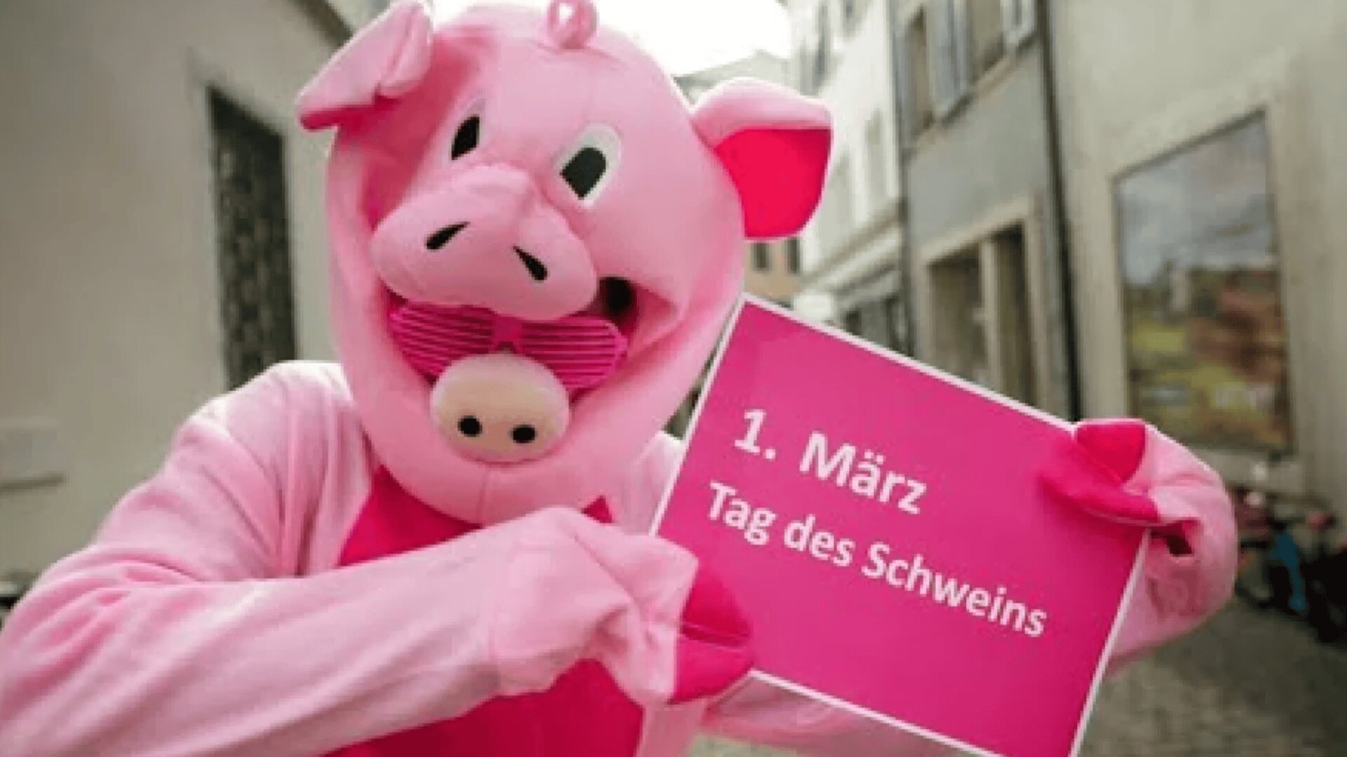 Eine Person in einem rosafarbenen Schweinekostüm hält ein rosafarbenes Schild mit der Aufschrift "1. März Tag des Schweins", während sie auf einer Straße mit Gebäuden im Hintergrund steht.
