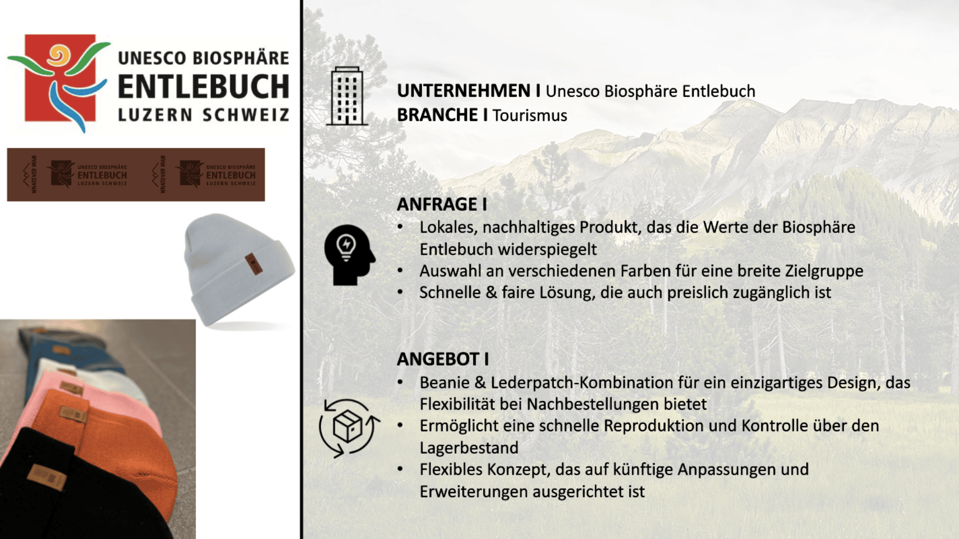 Informationsgrafik für UNESCO Biosphäre Entlebuch Tourismus, mit Logo, Firmeninfo und Text über nachhaltige Produkte: Mützen- und Lederpatch-Sets in verschiedenen Farben. Mit Produktbildern und Berghintergrund.